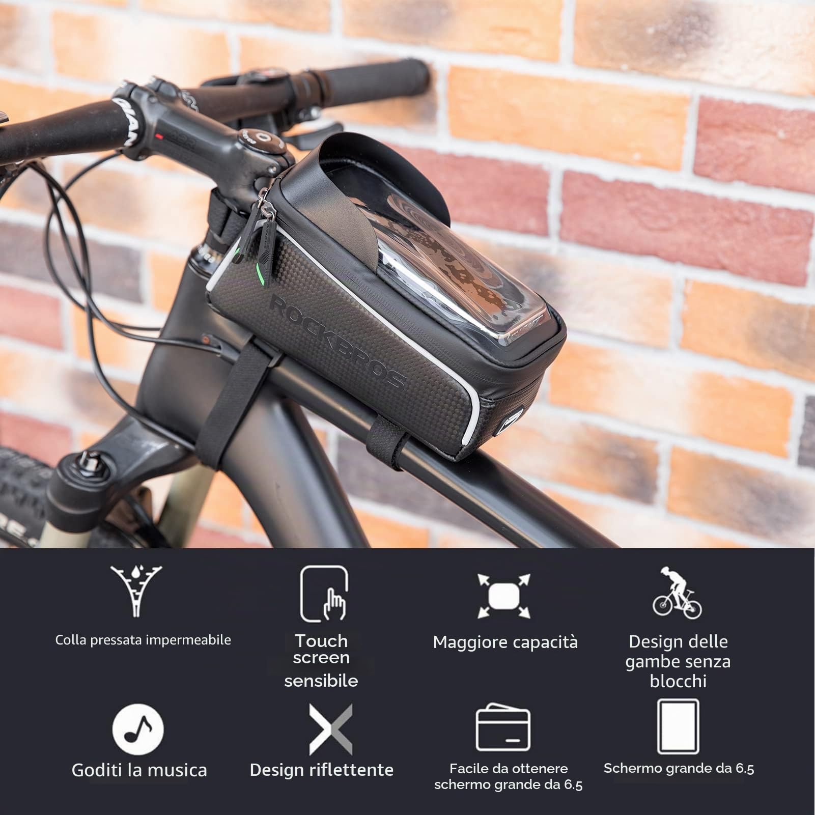 Borsa Telaio Bici ROCKBROS Idrorepellente Manubrio 1.5L Support Cellulare TPU Touchscreen 6.5" Copertura Anti-pioggia