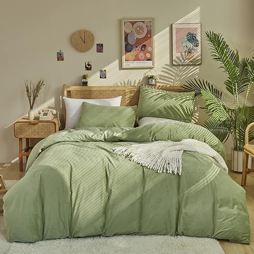 KAREVER Juego de edredón de terciopelo salvia, juego de ropa de cama de franela verde salvia sólido de 3 piezas, juego de edredón de terciopelo