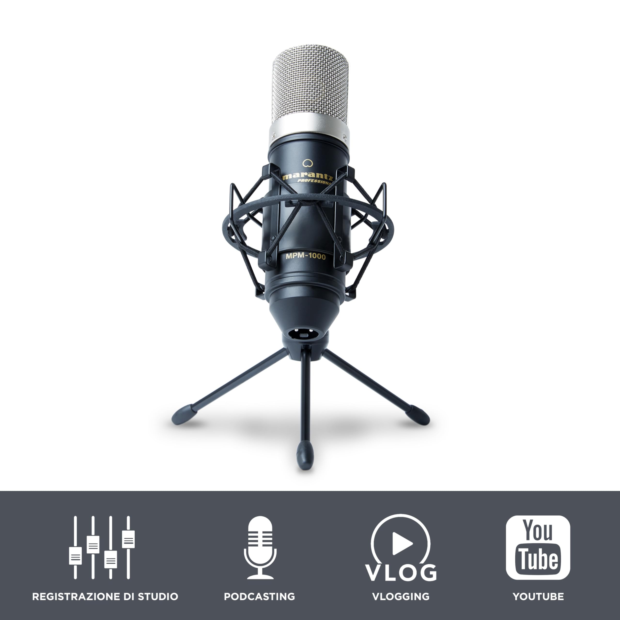 Marantz Professional MPM-1000 - Microfono da Studio a Condensatore XLR con Supporto da Tavolo e Cavo per Podcast, Streaming, Canto, Telelavoro e Giochi