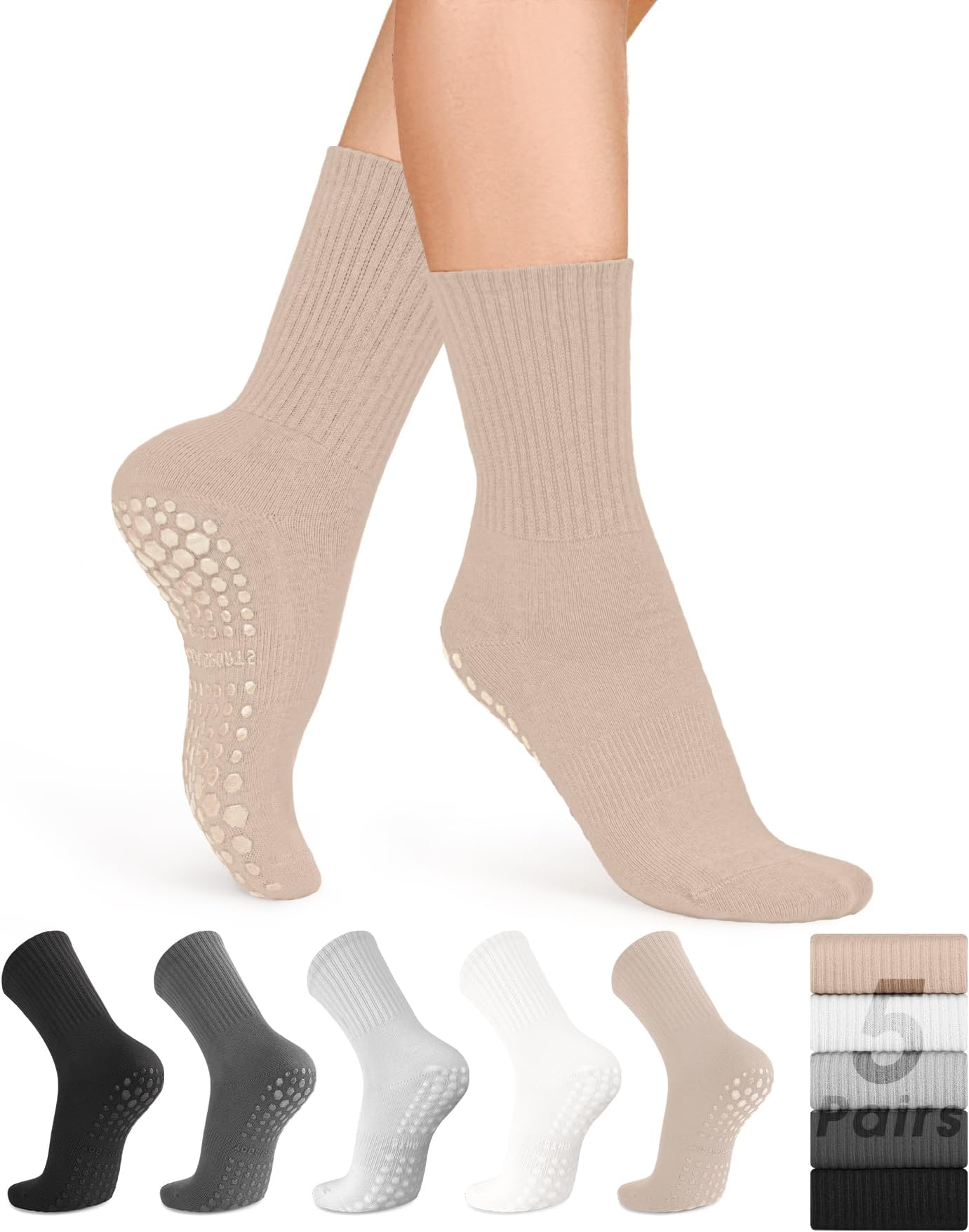 5 Pairs Pilates Grip Socks Yoga Socks with Grips for Women, Non-Slip Athletic Socks for Ballet, Dance, Workout, Hospital