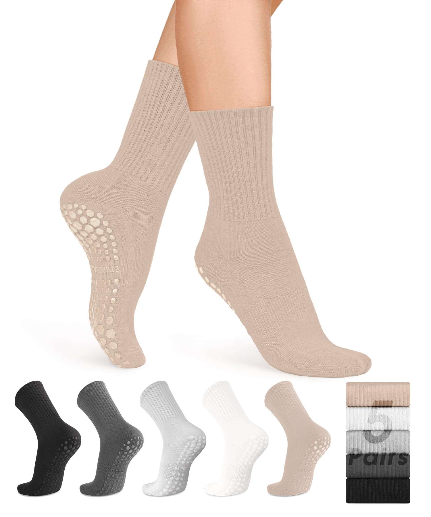 5 Pairs Pilates Grip Socks Yoga Socks with Grips for Women, Non-Slip Athletic Socks for Ballet, Dance, Workout, Hospital