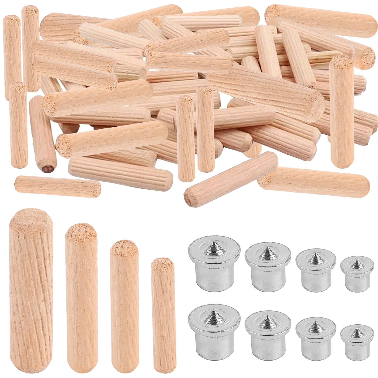 Supkiir 608Pcs 1/4" 5/16" 3/8" 1/2" Wooden Dowel Pins, Beveled Ends Fluted Dowel with 6/8/10/12MM Solid Dowel Pin Hard Wood Grooved Plug Set for Easy Insertion Furniture Door Crafts Projects DIY
