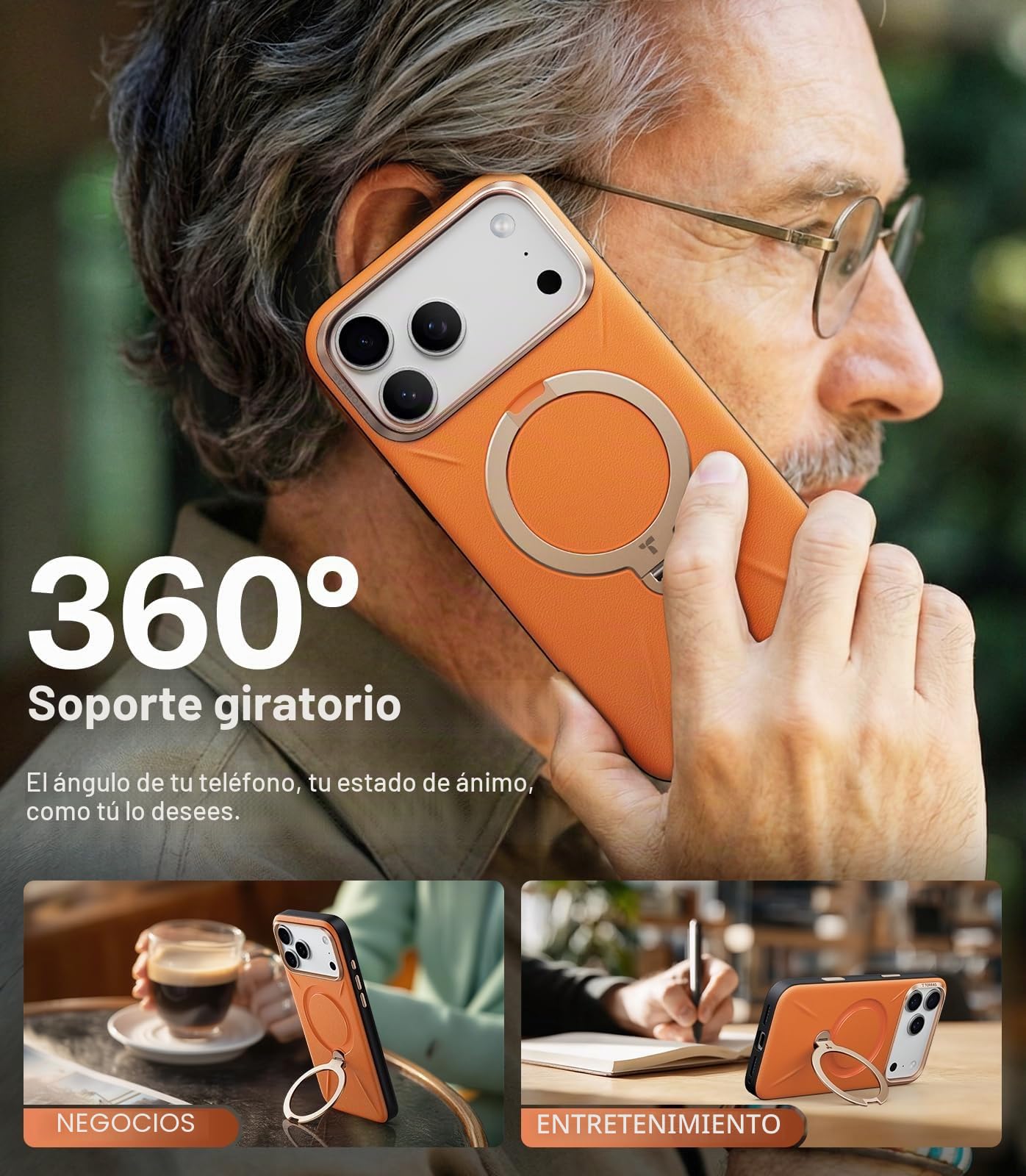 TORRAS Ostand Q3 VegSkin Funda para iPhone 17 Pro MAX [clásica Piel de Ternero][(Soporte magnético Invisible 360°] Resistente a los Golpes& arañazos, Funda para iPhone 17 Pro MAX, Naranja