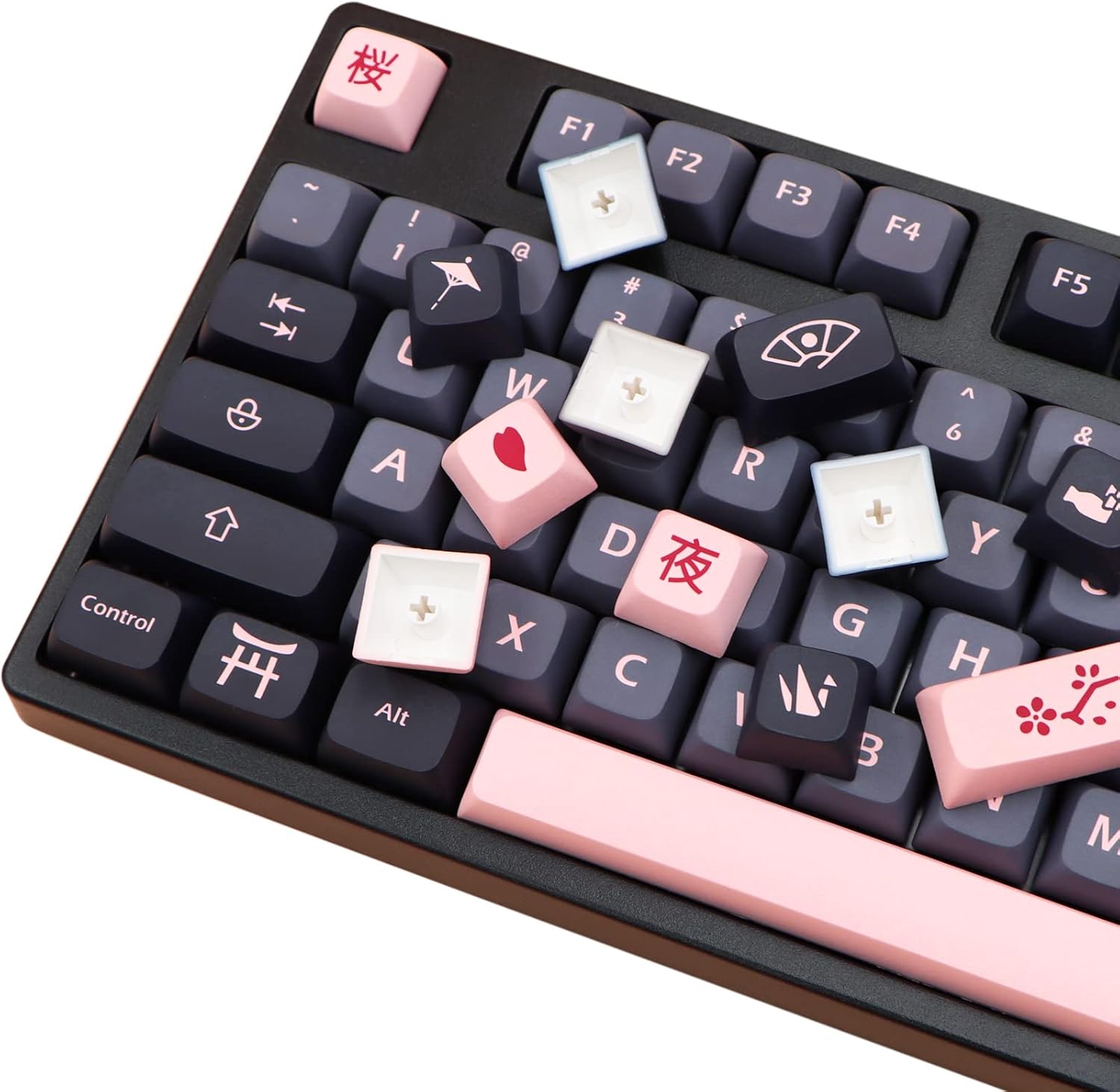 MOLGRIA Keycaps 132 Set Night Sakura for Full Sized Keyboard, Custom PBT XDA Profile Key Caps Japanese Style with Keycap Puller for Cherry MX 104/87/68/61 60 Percent ANSI Layout Keyboard