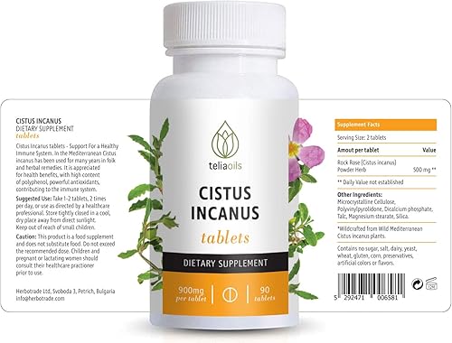 Miniatura 8 de Teliaoils Tabletas Cistus Incanus Rock Rose para el sistema inmunológico resfriados y tos - 500 mg de extracto de hierbas