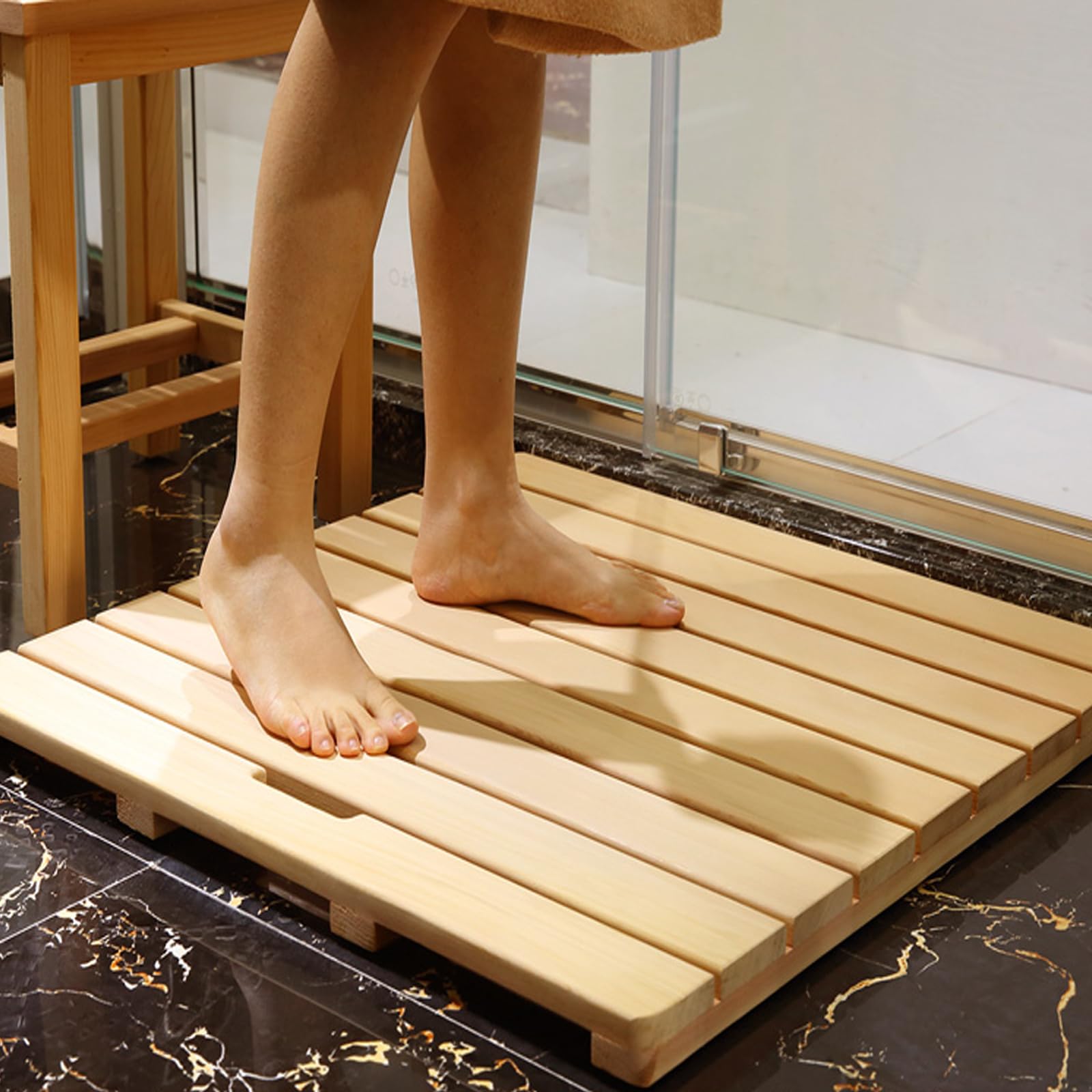 Alfombrilla de Baño de Bambú Antideslizante para Cuarto de Ducha Personalizada,Alfombra de Baño de Madera Rectangular,Tarima de Ducha Impermeable,con Asas y Pies Antideslizantes (45x45cm/18x18in)