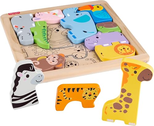 Fisher-Price Toddler Toy Wooden Animal Puzzle, Shape-Sorting Activity with 13 Wood Pieces for Preschool Kids Ages 2+ Years, JFG10