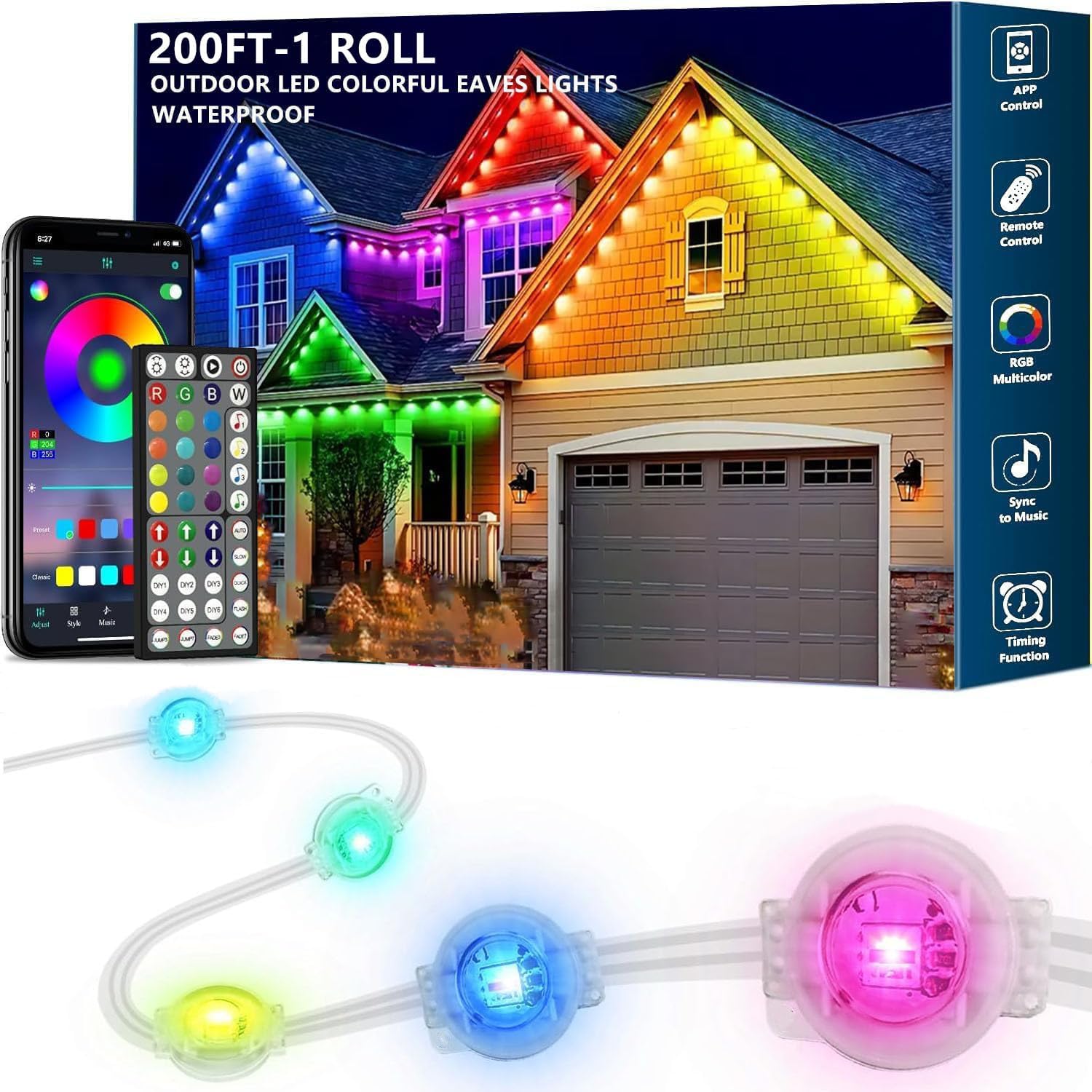 200Ft Permanent Outdoor Lights for House Waterproof, IP67 LED Eave Lights with App/Remote Control, Outdoor Permanent led Lighting for House Roof Decor,Christmas,Party,All Holiday and Daily