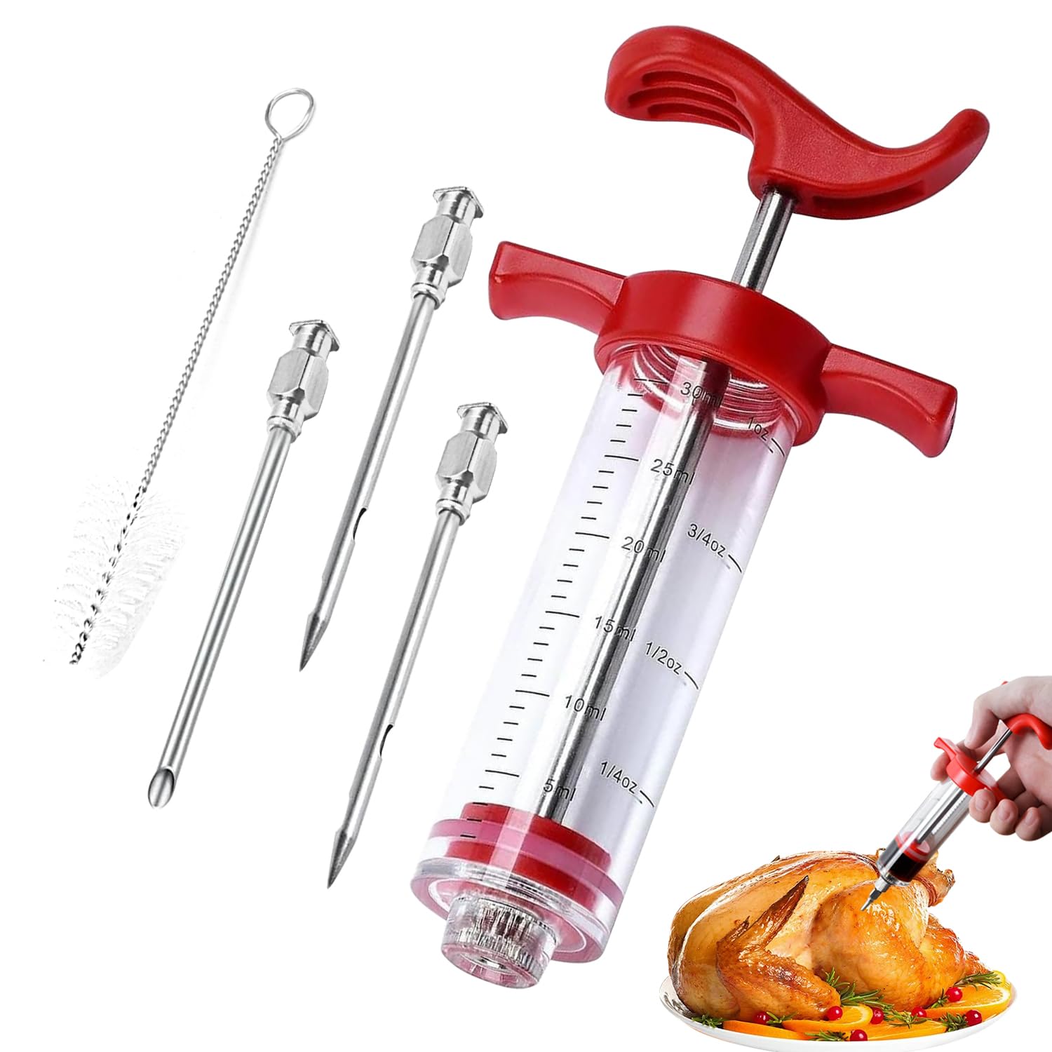 Plastic Meat Injector Syringe Kit – 30ml Marinade Injector with 3 Needles and 1 Brush for Flavor Infusion – Ideal for Poultry, Beef, Pork, and More