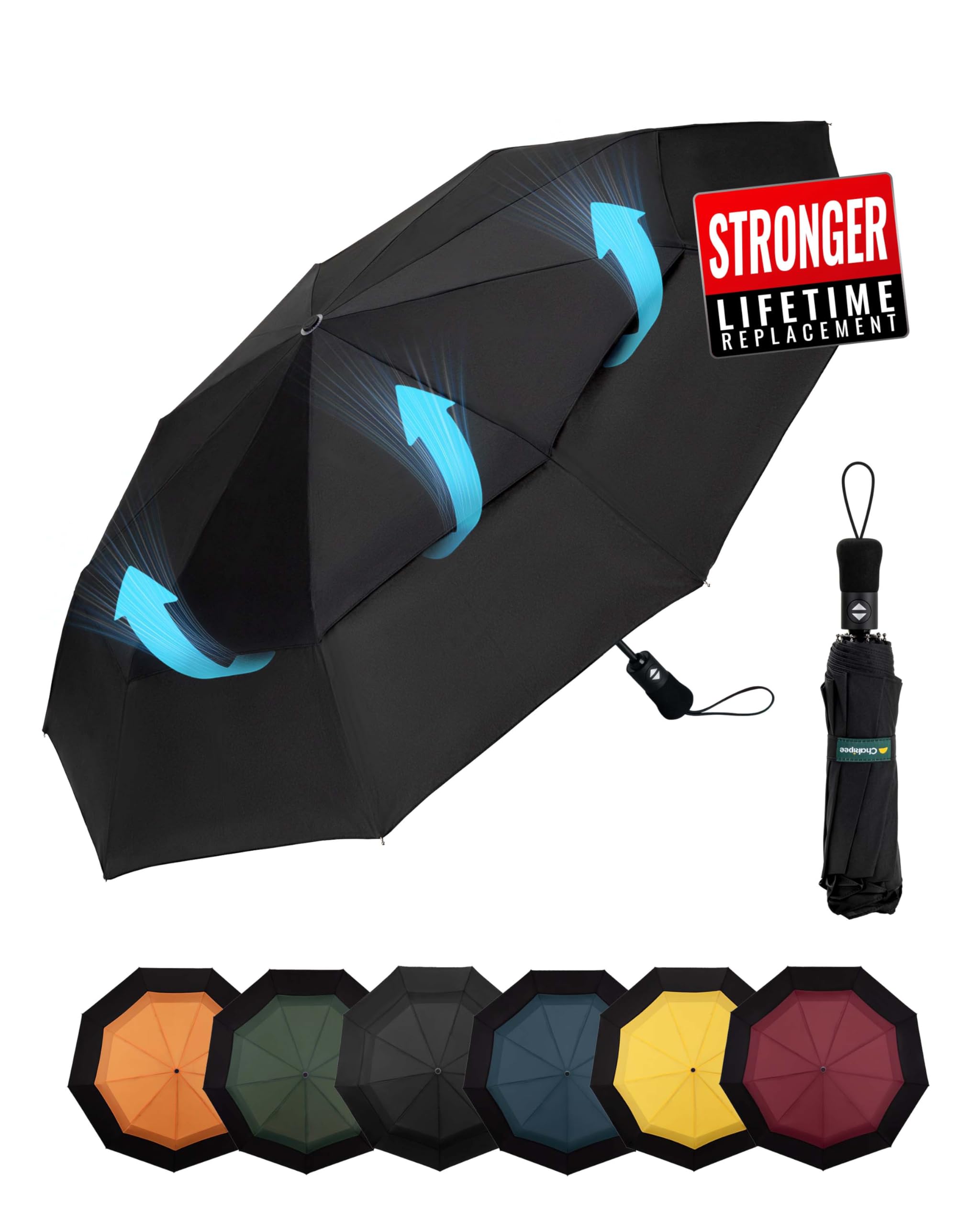 Chakipee Ombrello Pieghevole Pioggia da Viaggio Antivento - Ombrelli Portatile per Uomo Doppio Baldacchino Ventilato, Automatico Apri Chiudi, 9 ossa Rivestimento in Tessuto 210T Apertura 102 cm