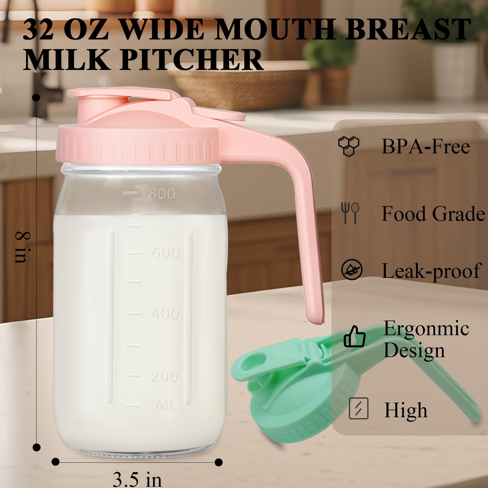Lot de 2 pichets pour lait maternel, bocaux en verre avec couvercle, large ouverture et pichet en verre étanche pour lait maternel, thé au soleil, jus, café à froid et boissons (vert, rose)