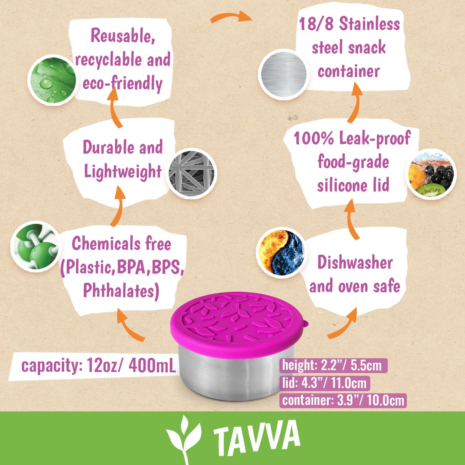 TAVVA 2 X 12 oz Containers with Lids - Leakproof w/Silicone Lids - BPA Free - Dishwasher & Freezer Safe - Portable & Reusable - Stainless Steel Snack Containers 12oz - Image 2