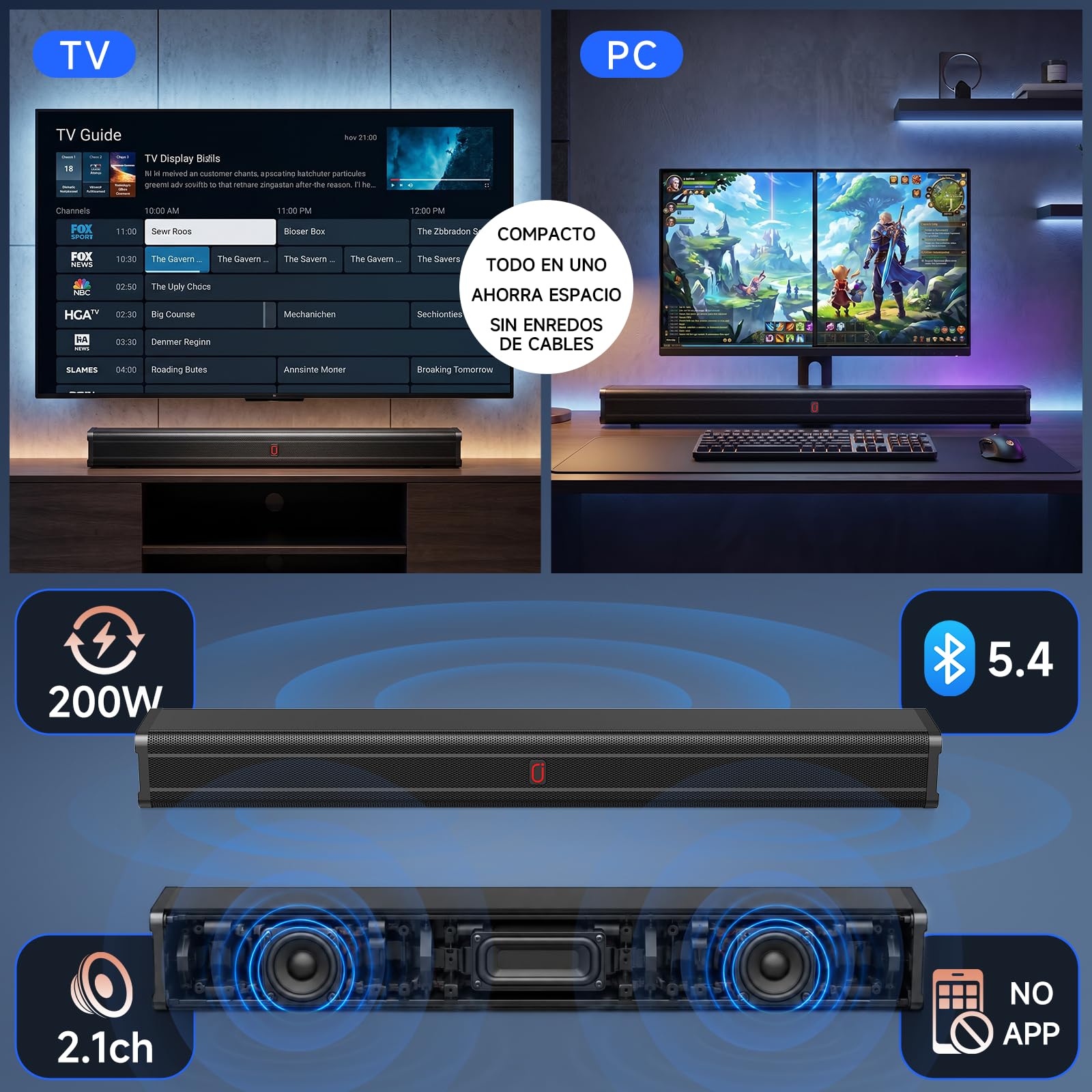 JYX Barra de Sonido para TV 200W, All-in-One Altavoces para TV con 4 Modos EQ, HDMI ARC, Óptico/AUX/USB, Bluetooth 5.4, con 2 Altavoces y Bass Reflex