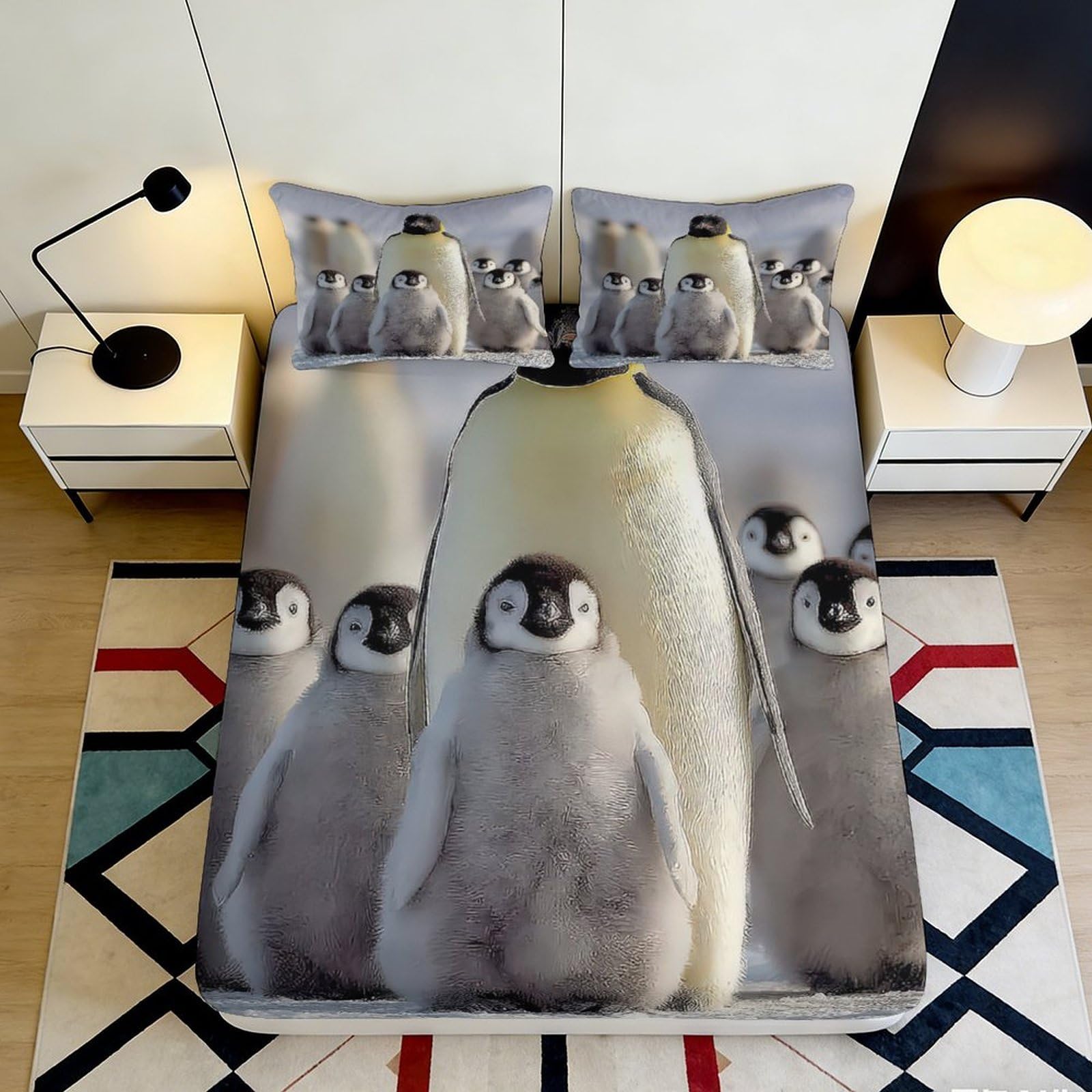 Decorative Penguin Fitted Sheet 3D Printed, Soft Touch Microfiber Bed Cover, Wrinkle Resistant, Home Bedroom, Apartment Bedding 90x200x25cm
