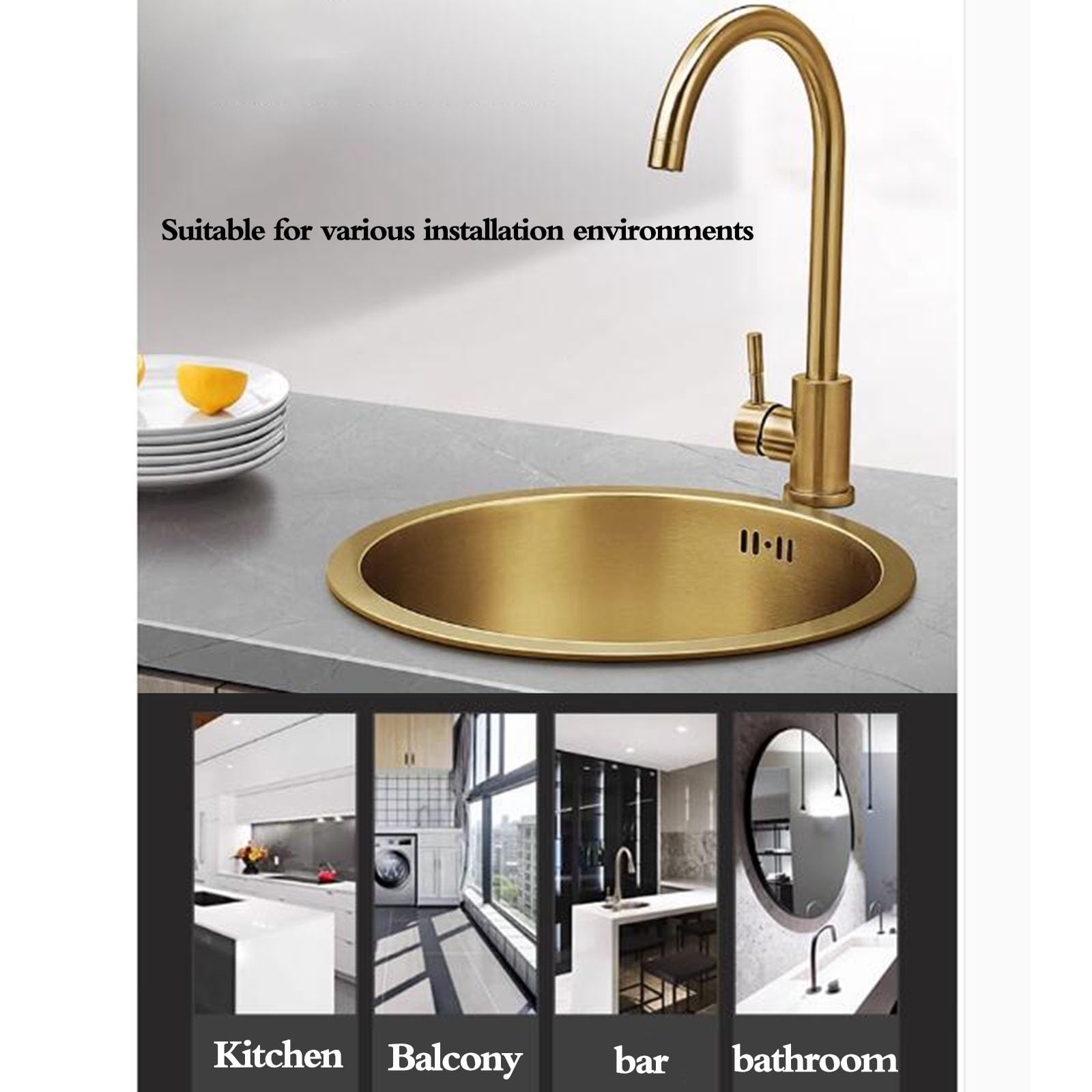 Lavello a sifone a vasca singola in acciaio inox con rubinetto per balcone, cucina, bar, lavello bello e resistente, color oro, 40 x 40 x 2,