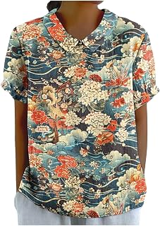 Peter Pan Collar Shirts for Women Short Sleeve Button Down Shirt Vintage Floral Peasant Blouses Clothes