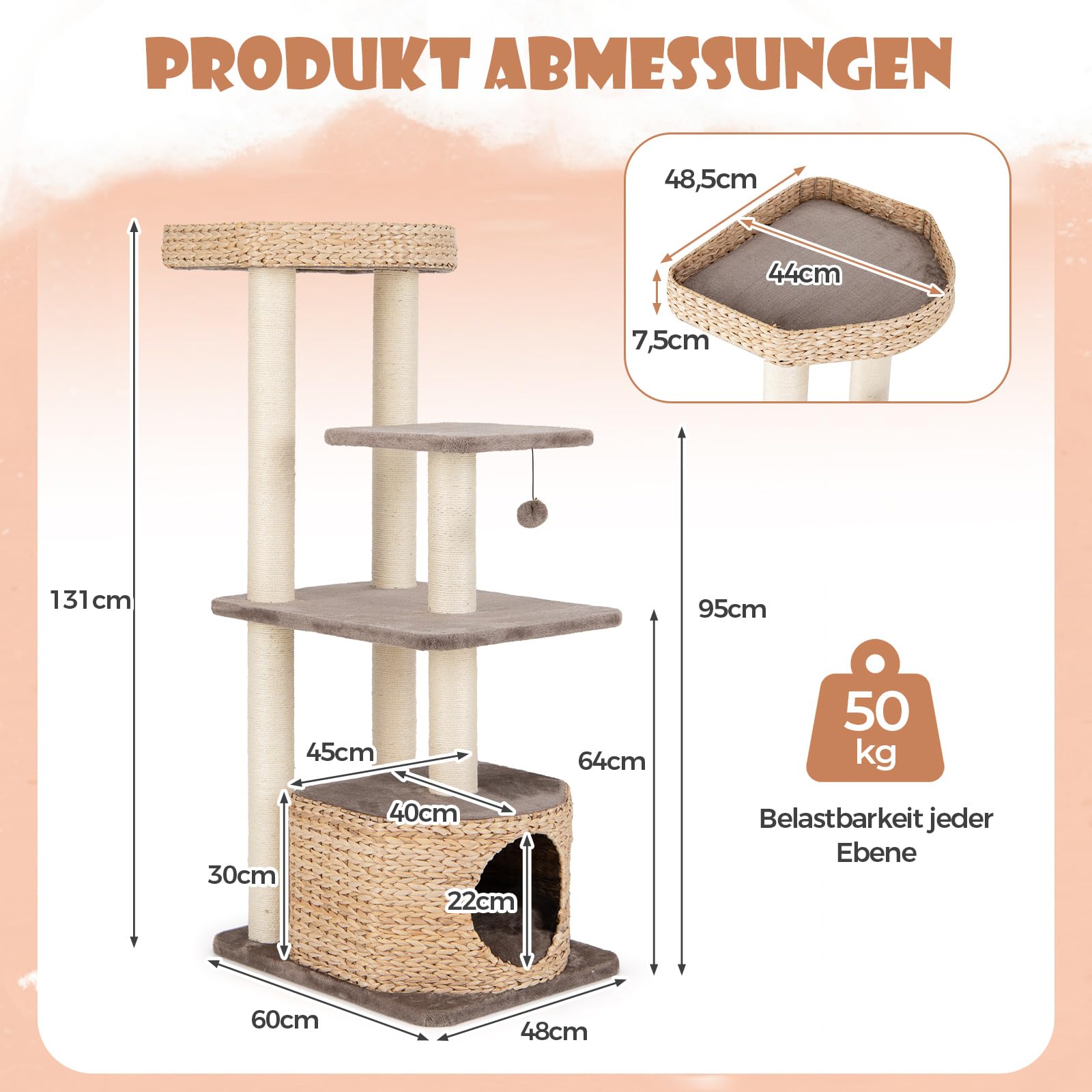 COSTWAY Krabpaal van hout, 168 cm hoog, kattenboom met platforms en hol, krabzuilen van jute en sisaltouw, bal en zacht pluche, wit