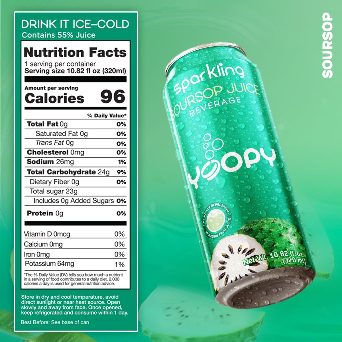 Yoopy Sparkling Soursop Juice – 12 Pack (10.82 fl oz Each) – Made with 55% Real Soursop Juice – No Added Sugar – Tropical & Bubbly Drink – Best Served Cold