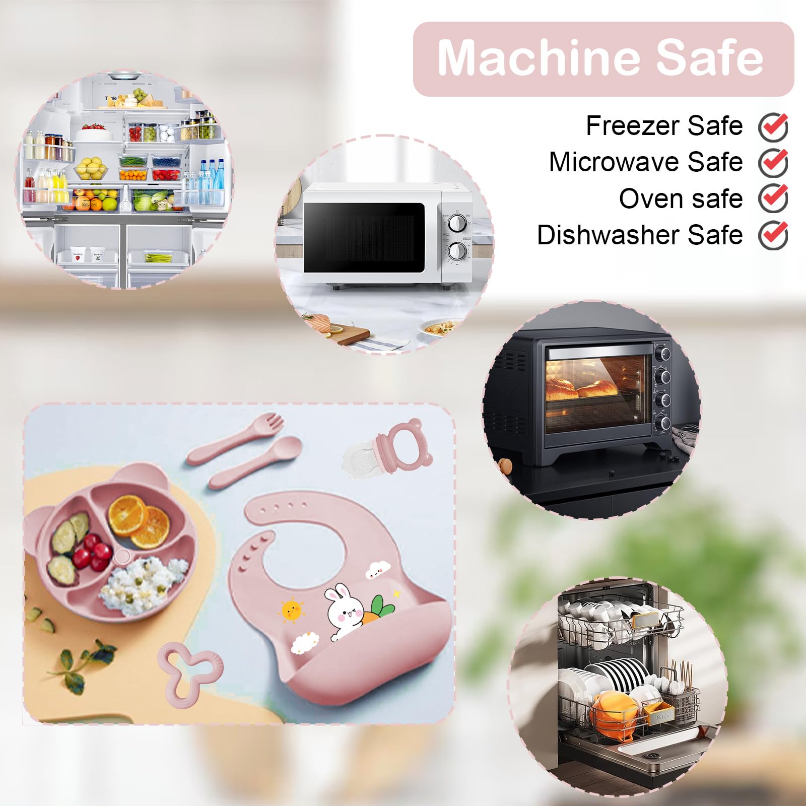 11 Pezzi Set Pappa Svezzamento, Svezzamento Set Silicone Piatto con Ventosa Piatto Ciotola Tazza Bavaglino Cucchiaio Forchetta, Set di Posate per Bambini per Lo Svezzamento e L'Alimentazione (Rosa1)
