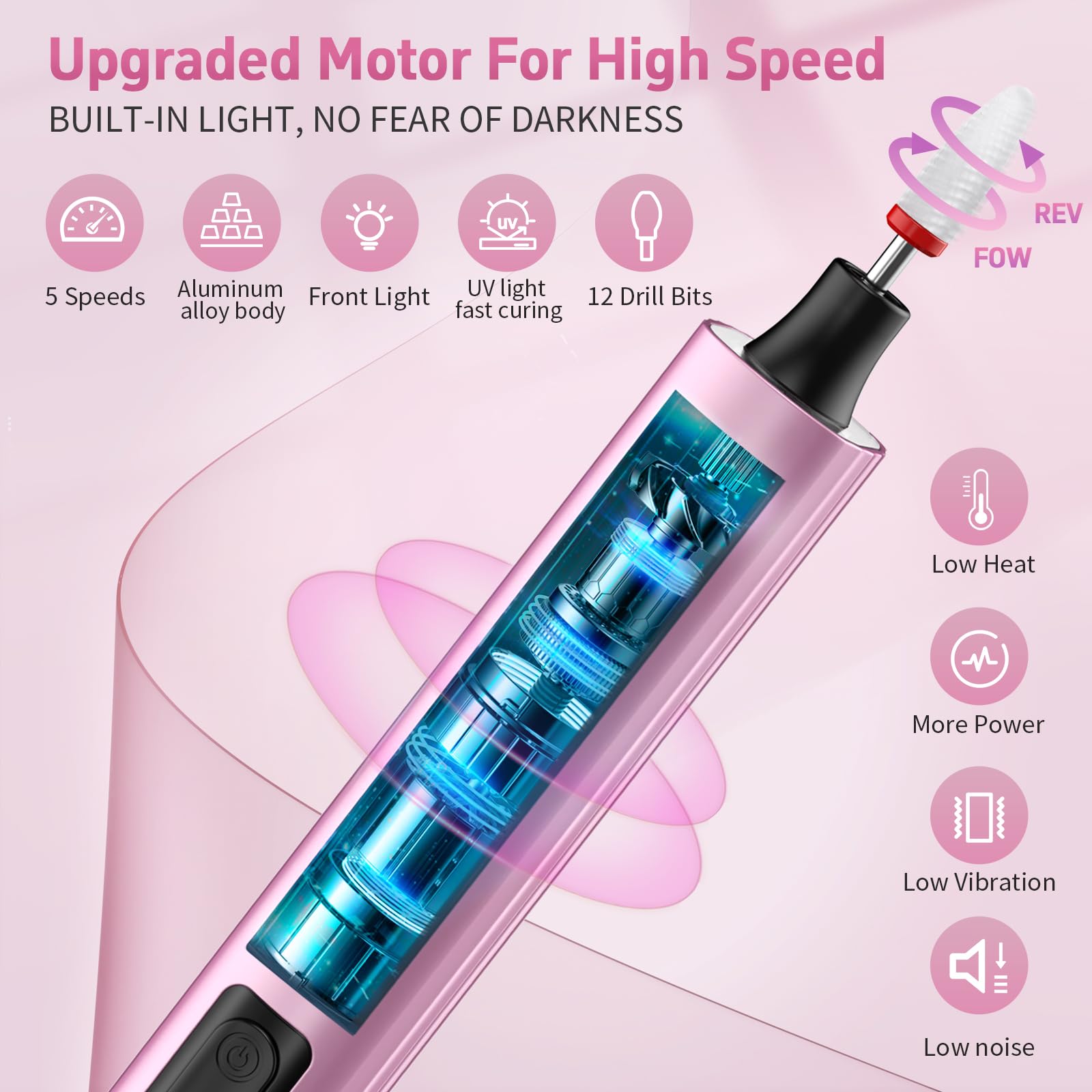 【Kabelloser Nagelbohrer Elektrische Feile mit UV-Nagellampe】Professionell für Acrylgel-Tauchpulvernägel, tragbare Nagelbohrmaschine Kit für Maniküre Pediküre Nagelset Wiederaufladbar Leicht