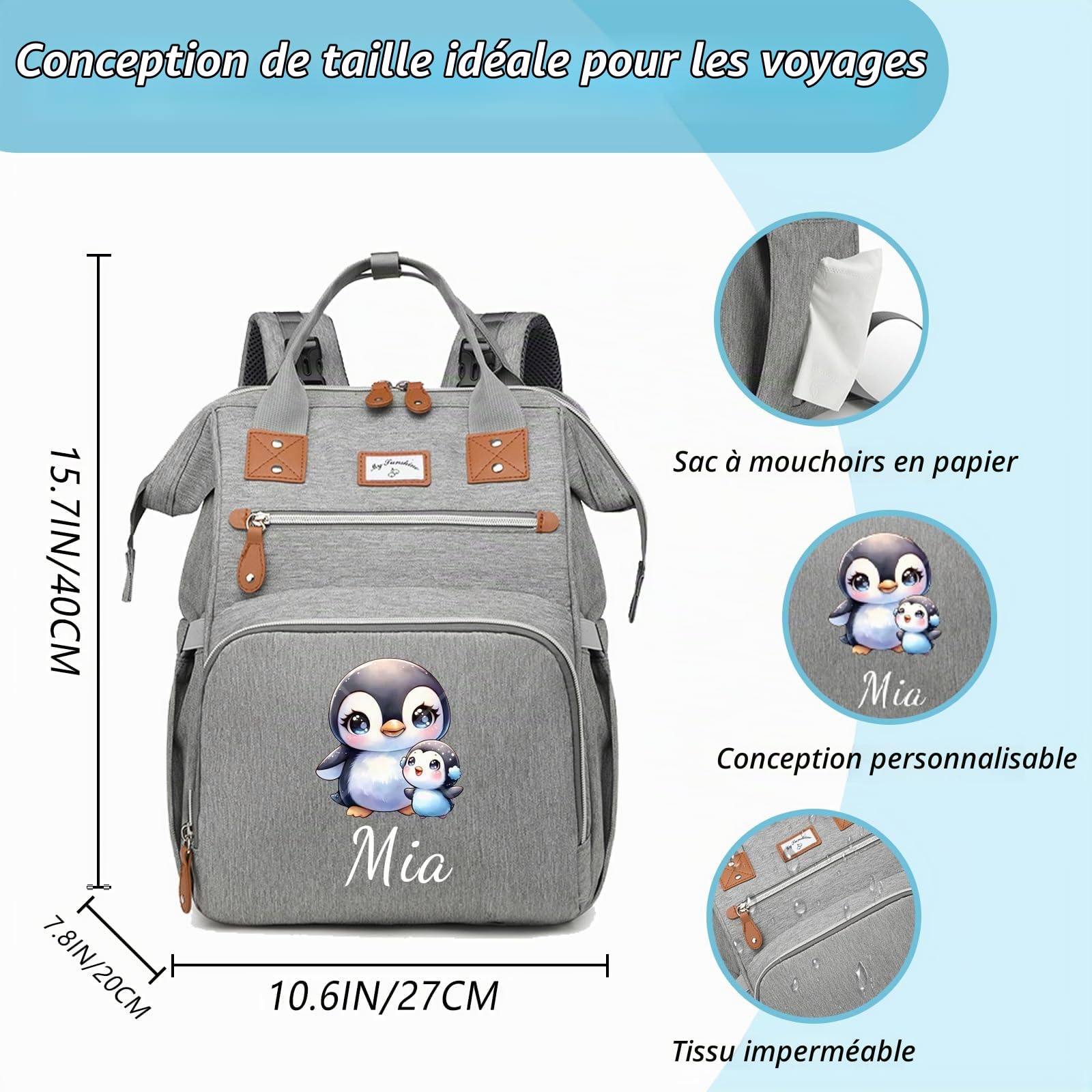 Sac à Langer Personnalisé avec Animaux et Prénom | Sac à Dos pour Bébé Garçon et Fille | Cadeau pour Nouveaux Parents, Baptême, 1er Jour des Mères