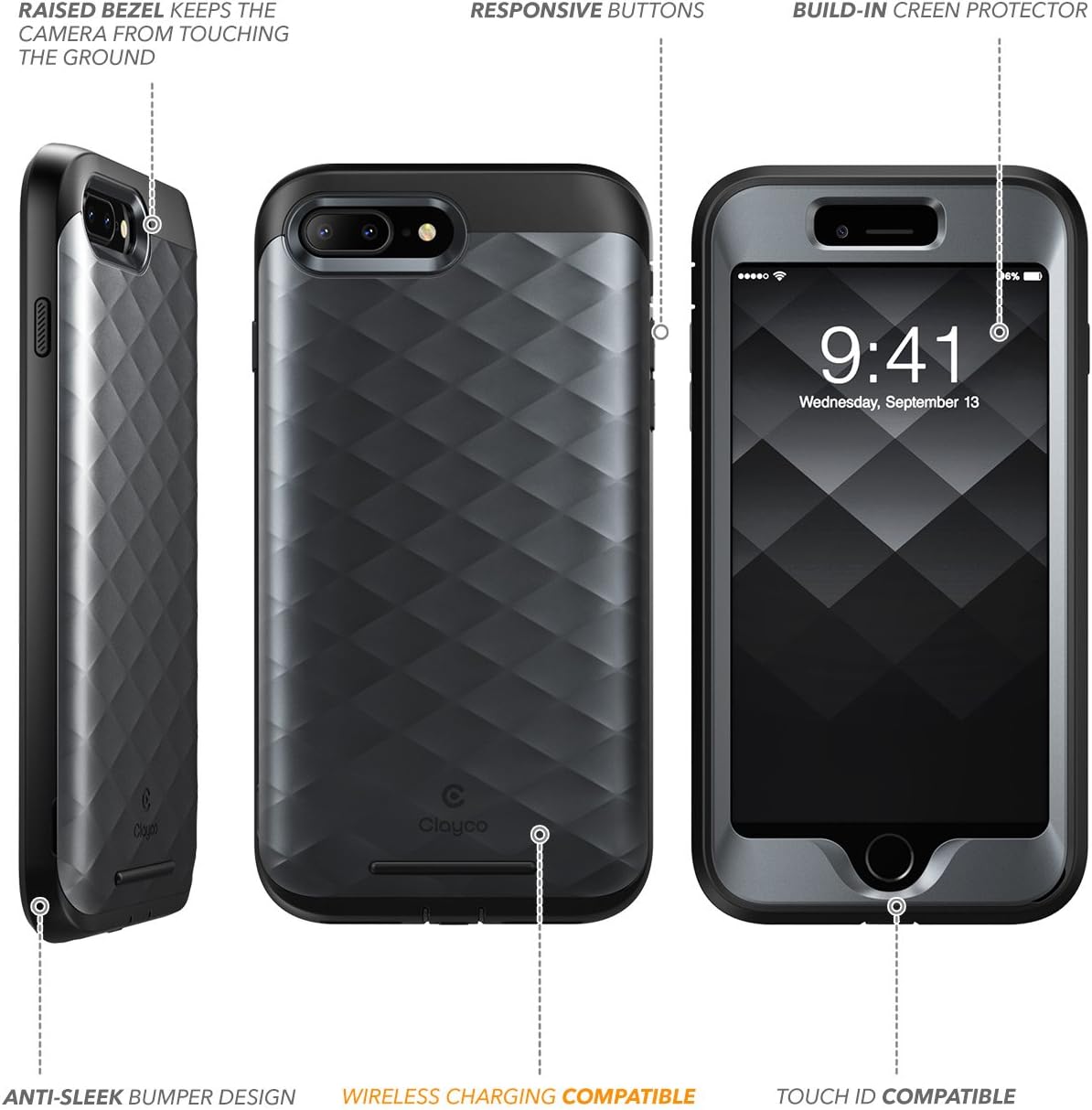 Clayco iPhone 8 Plus Case, iPhone 7 Plus Case, Hera Series Full-Body Rugged Case with Built-in Screen Protector Compatible with Apple iPhone 7 Plus 2016/ iPhone 8 Plus 2017 (Black)