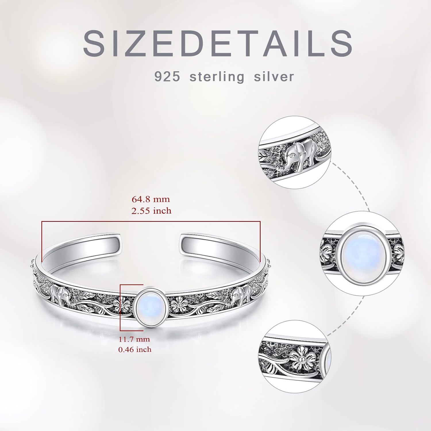 Moonstone Elephant Cuff Bracelet, Handmade Sterling Silver Boho Jewelry, Gift of Wisdom and Good Luck for Women - Image 7