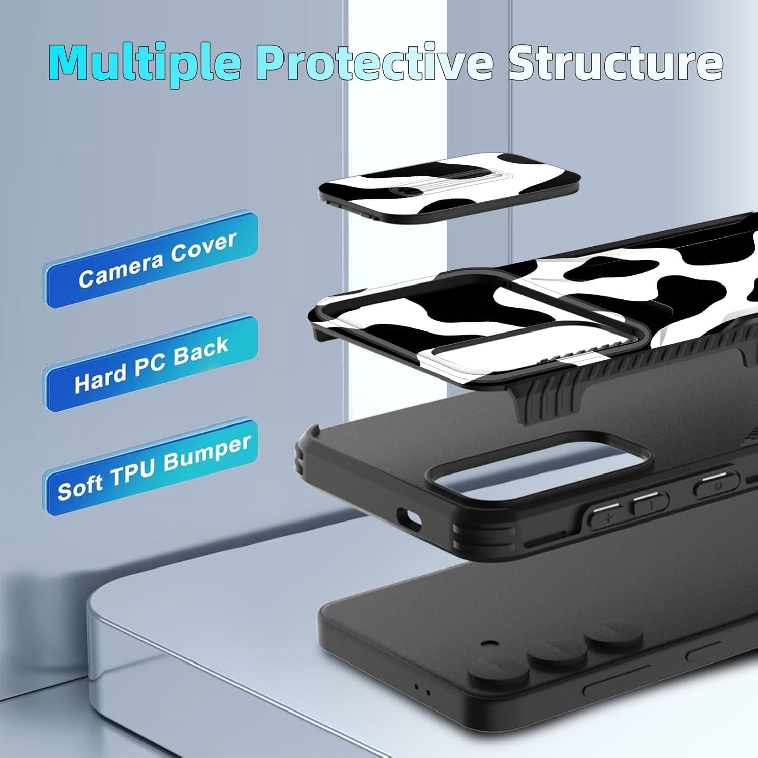 for Galaxy S24 Case Built in Slide Camera Lens Cover,Heavy Duty Shockproof Protection Dual Layer Case for Samsung Galaxy S24 6.2 inch 2024,Cow Print - Image 4