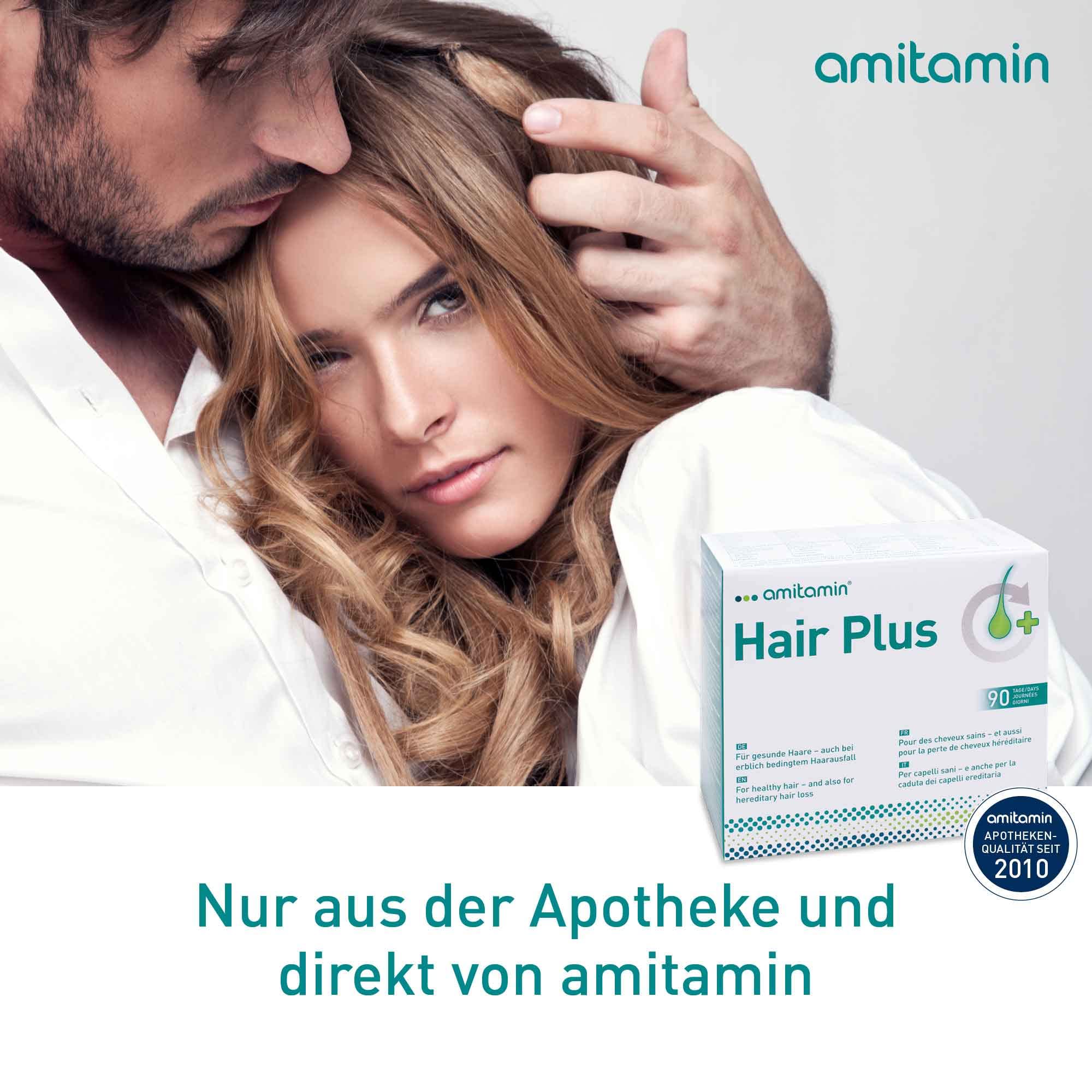 amitamin© Hair Plus Haar Vitamine | 180 Komplex Kapseln 3 Monate hochdosiert | Zink, Kupfer, Biotin, Selen, Folsäure plus 16 wichtige Nährstoffe | auch gegen erblichen Haarausfall | vegan |