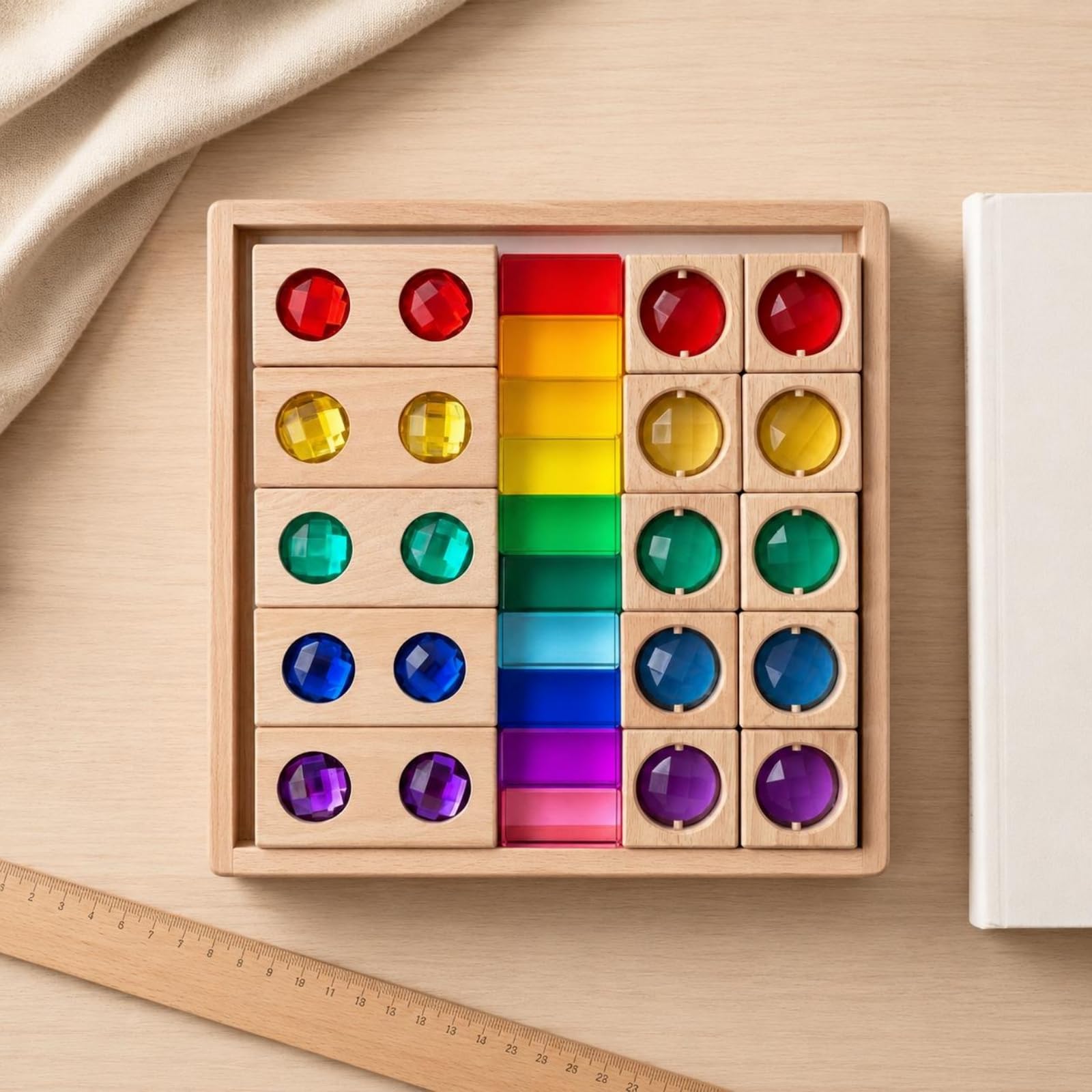 Sinnes-Stapelspiel transparent pädagogisch-Steckspiel farbig Regenbogen-Stapelspielzeug, Regenbogen-Edelsteine Und Holzblöcke Set 3