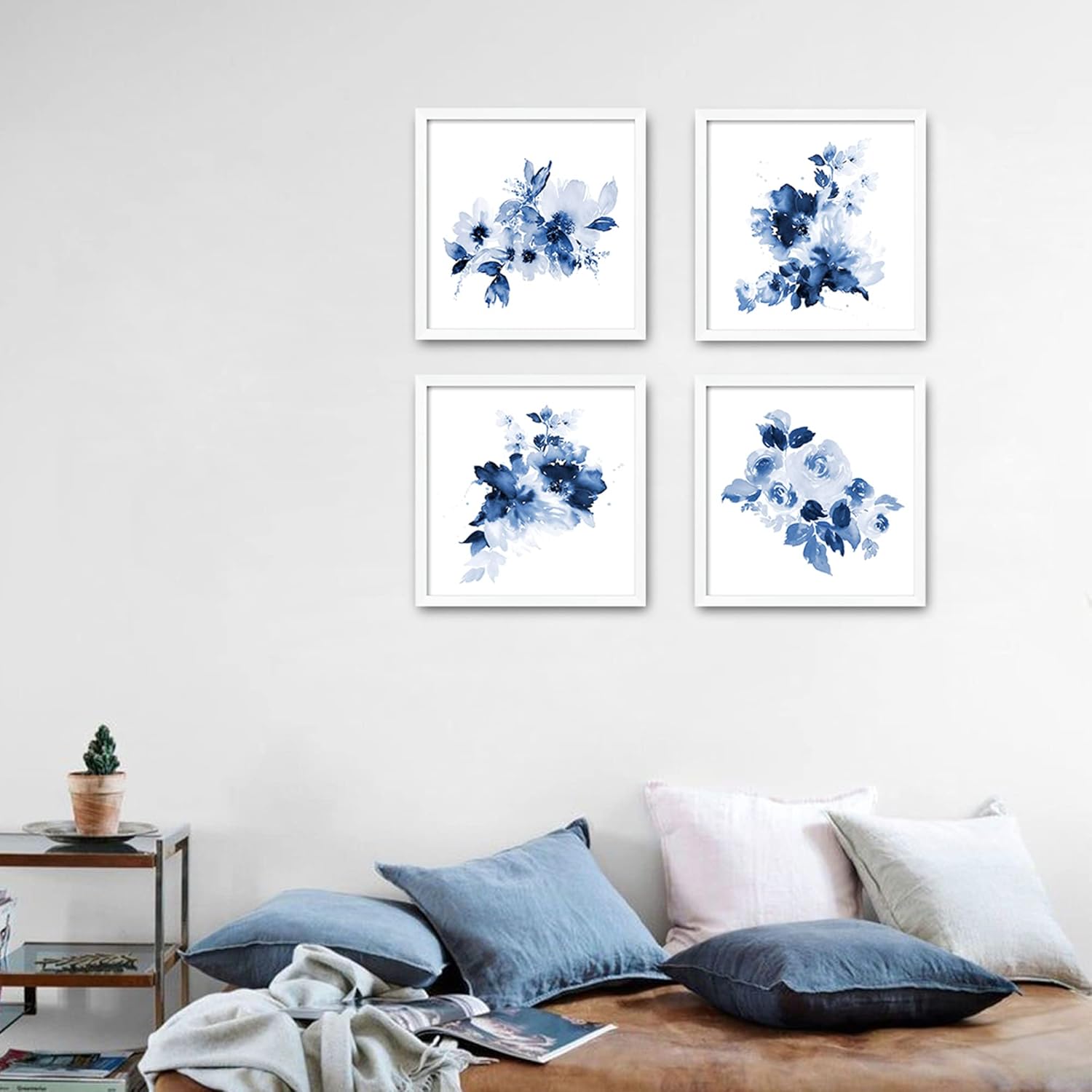 ArtbyHannah Framed Bathroom Wall Decor, Navy Blue Wall Art with White Frame and Watercolor Floral Prints Pictures for Kitchen Bedroom Home Decorations (4 Pack, 10x10 Inch)