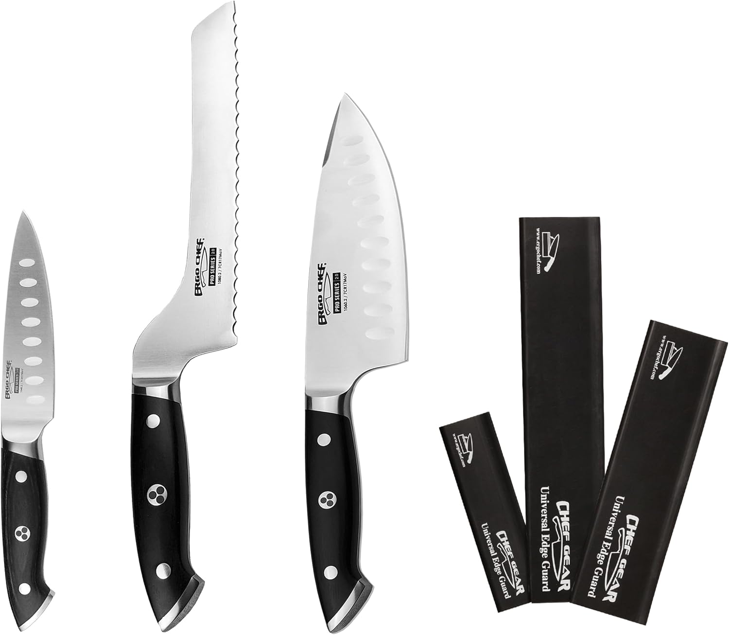 Ergo Chef Pro Series 2.0 6pc Set, 6-In Chef knife, 8-In Off-Set Bread Knife, 4-In Paring Knife, 3 Knife Covers Edge Guards, Forged High Carbon Stainless Steel, Ergonomic Pakkawood Handle