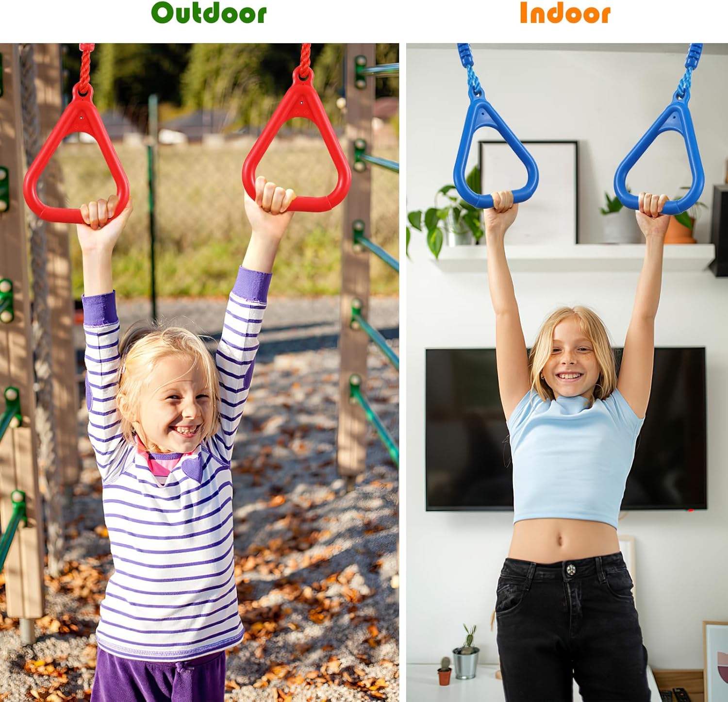 PELLOR 4 Colorful Ninja Rings, Gymnastic Rings Trapeze Swing Bar Ring with Triangle Handle for Home Gym Playground Ninja Warrior Obstacle Course Training Workout