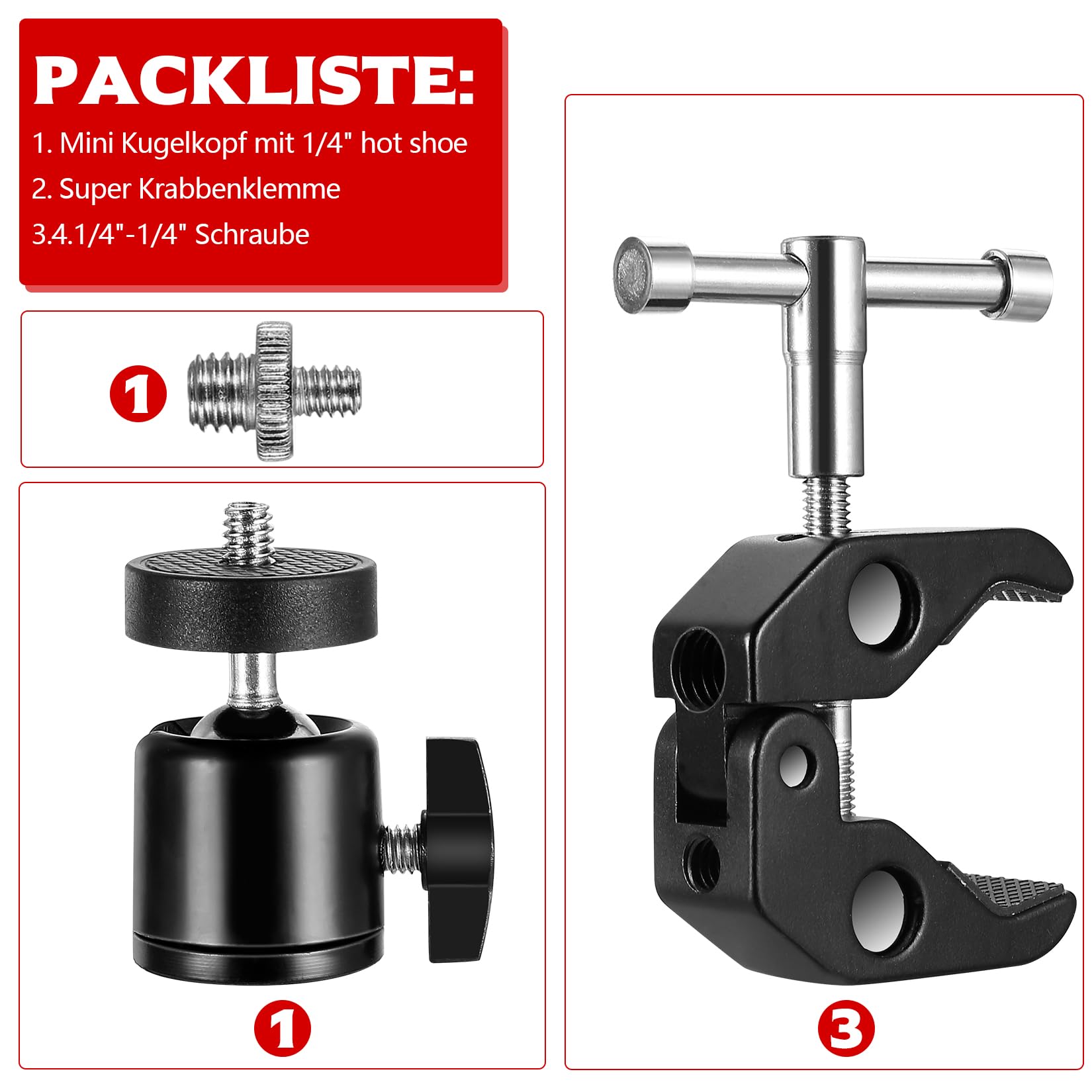 Zestaw do kamery Super Clamps, statyw z bardzo zaciskiem, stabilna głowica kulowa do statywu z adapterem gwintowanym 1/4" 3/8", Magic Arm Clamps Kulowa głowica statywu do aparatów, lamp błyskowych