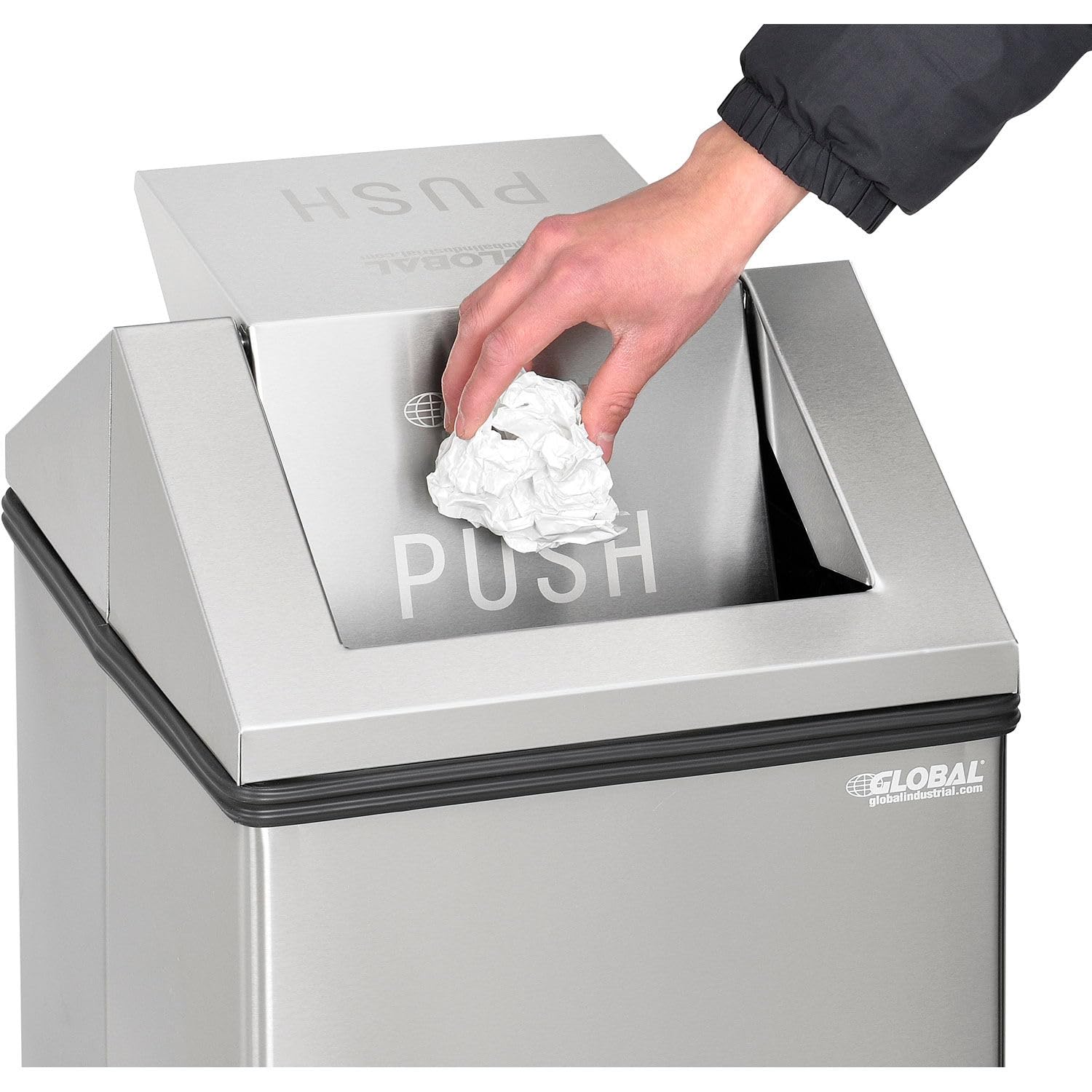 Global Industrial Swing Top Receptacle, 24 Gallon Capacity, #305 Grade Stainless Steel Construction, for Indoor Use, Dual Entry Self-Closing Swing Top