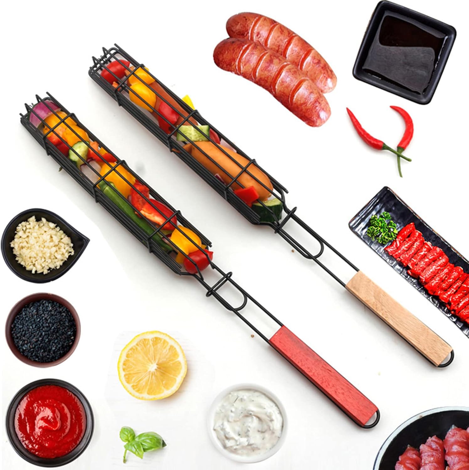 Kabob Grilling Set - 6 Non-Stick Grill Baskets & 6 Stainless Steel Skewers - Long Handle, 15.5 Inch, Steel