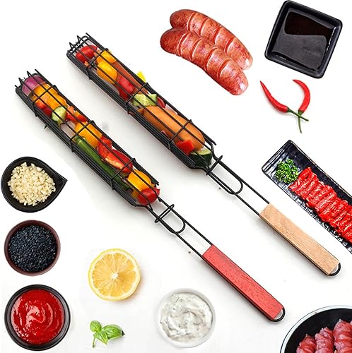 Miniatura 3 de Kabob - Juego de 6 cestas antiadherentes para parrilla y 6 brochetas de acero inoxidable, color naranja, 15.5 pulgadas, acero