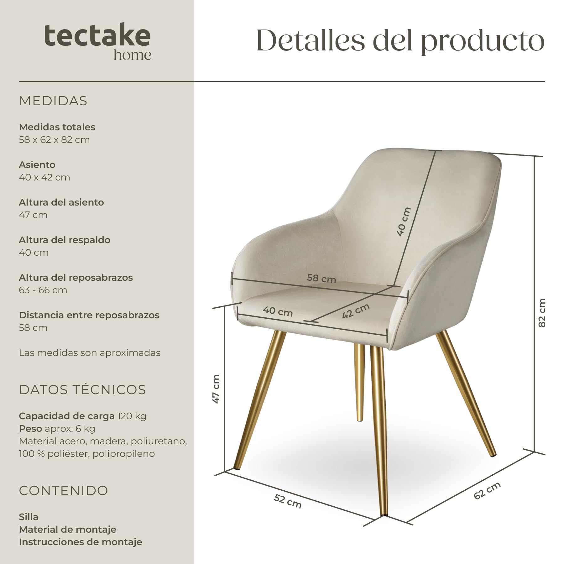 tectake® Juego de Sillas Tapizadas en Terciopelo, Sillas de Comedor Ergonómicas y Versátiles, Gran Estabilidad y Capacidad de Carga, Sillas Cocina Elegantes - 1 Silla Crema/Dorado