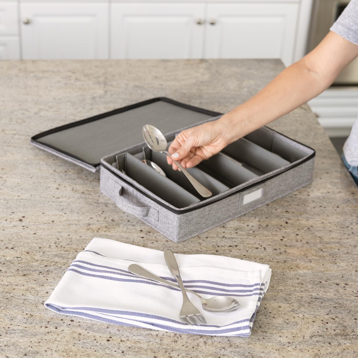 Flatware Storage Case with 5 Adjustable Compartments and Removable Lid - Tableware Utensil Chest with Carrying Handles and Padded Dividers - Protects and Organizes Cutlery and Silverware