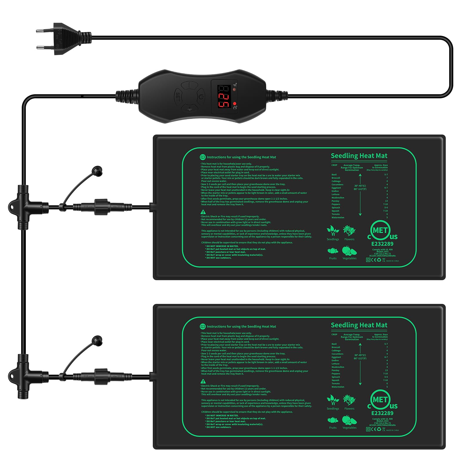 Tappeto Riscaldante, 2 Pezzi 30W con 1 Controllore, Tappetino Riscaldante Regolabile 20–45°C, Impermeabile IP67 e Durevole, Dimensione 20×10 inch, per Germinazione Semi e Rettili