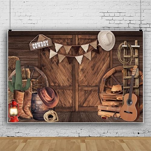 Fondo de vaquero occidental Salvaje Oeste rústico con puerta de granero para fotografía de cumpleaños occidental, baby shower, decoración de fiesta