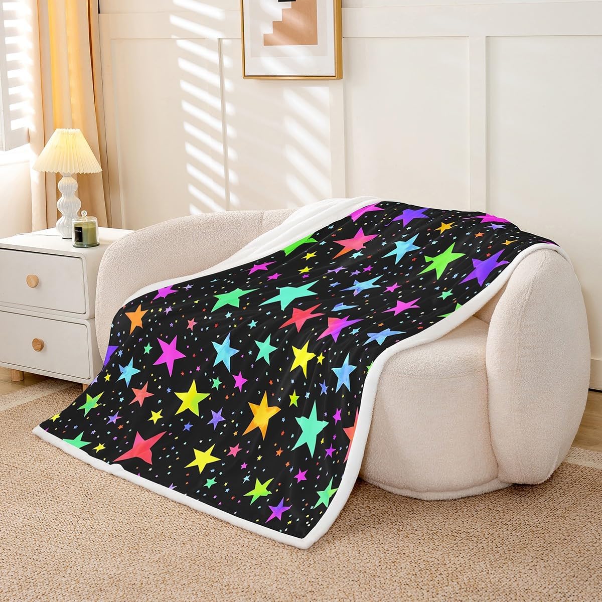 Kawaii Glitter Stars Throw Blanket for Bed Rainbow Glowing Star Fleece Blanket Psychedelic Space Cosmos Travel Blanket Queen Size Colorful Neon Light Star Blanket Girls Cute Fuzzy Blanket Cozy