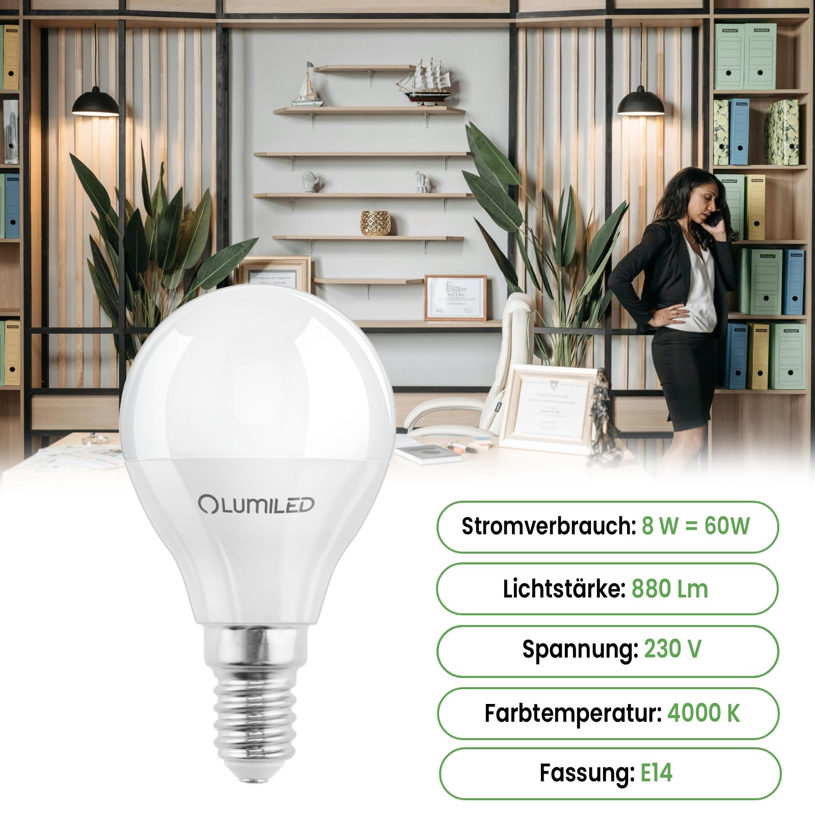 Lumiled Żarówka LED E14 P45 8W 880lm 4000K Neutralna Biel 180° Zamiennik 60W Nieściemnialna Kształt małej kropli Energooszczędna Zestaw 6 szt.