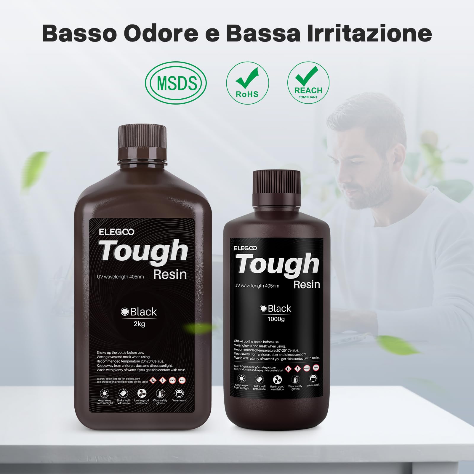 ELEGOO Tough Resin, Resina Dura con Elevata Resistenza Agli Urti, Forte Allungamento e Alta Flessibilità per Tutte le Stampanti 3D LCD/DLP, Nero 2KG