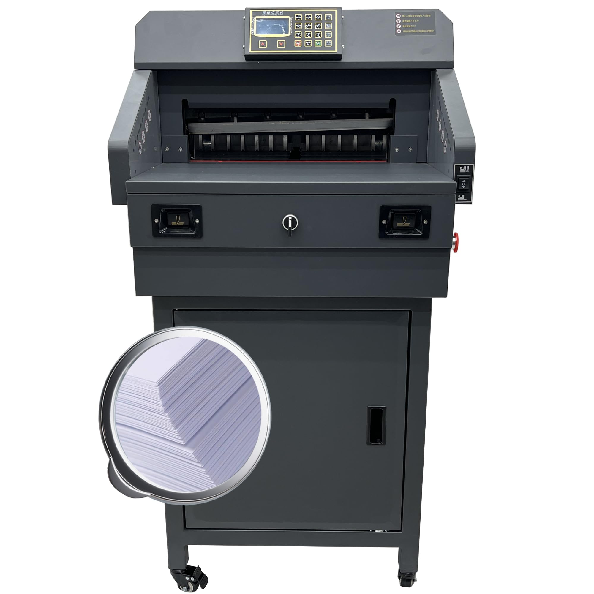 HayWHNKN Heavy Duty Electric Paper Cutter Guillotine 110V 1200W 460SP 18" Auto Press/Push Paper Strimmer with LCD Display 60mm Cutting Thickness Three