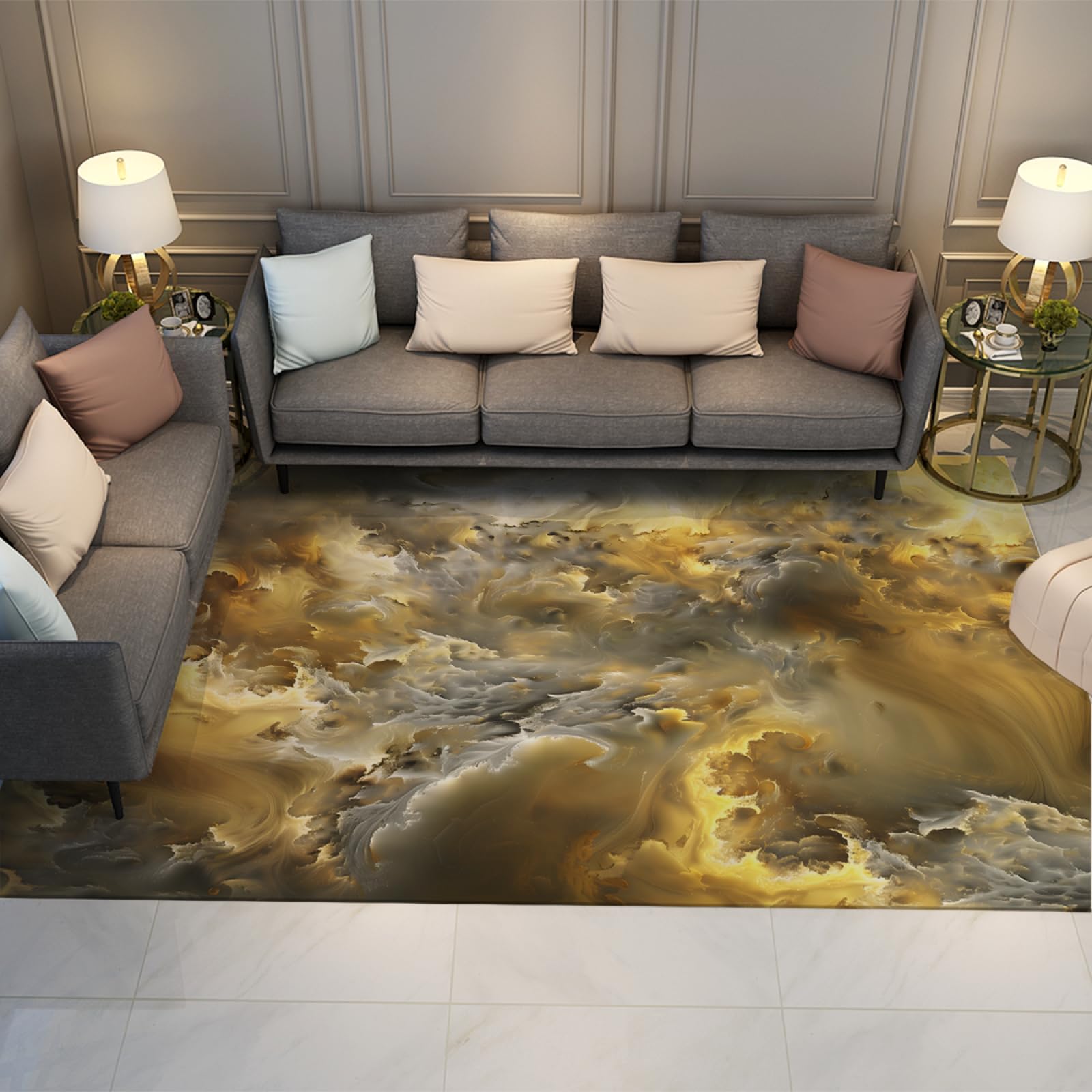 Tapis de nuages blancs et or abstrait pour une chambre accueillante