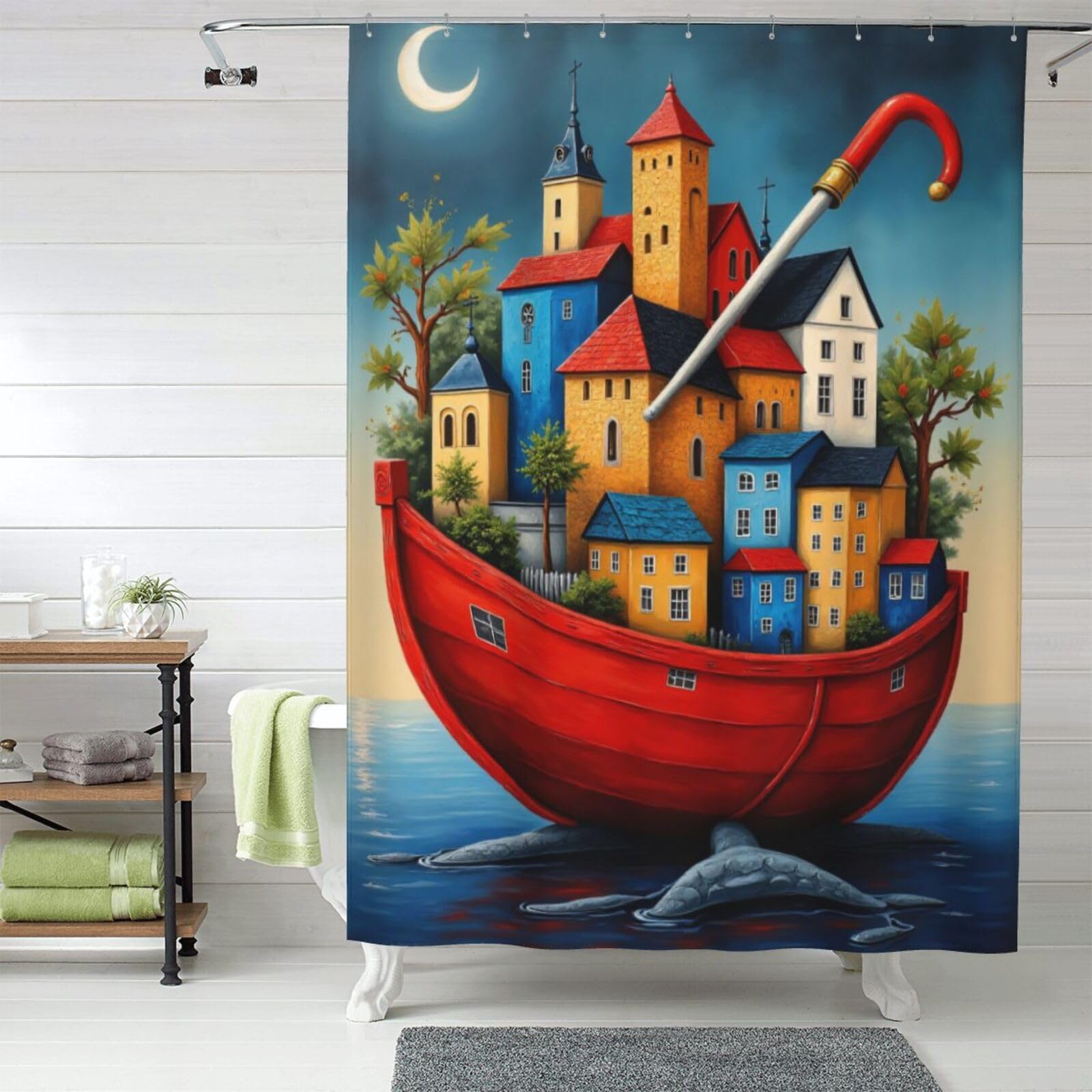 Rideau de douche en tissu opaque 152x183 cm imprimé paysage urbain avec crochets pour salle de bain