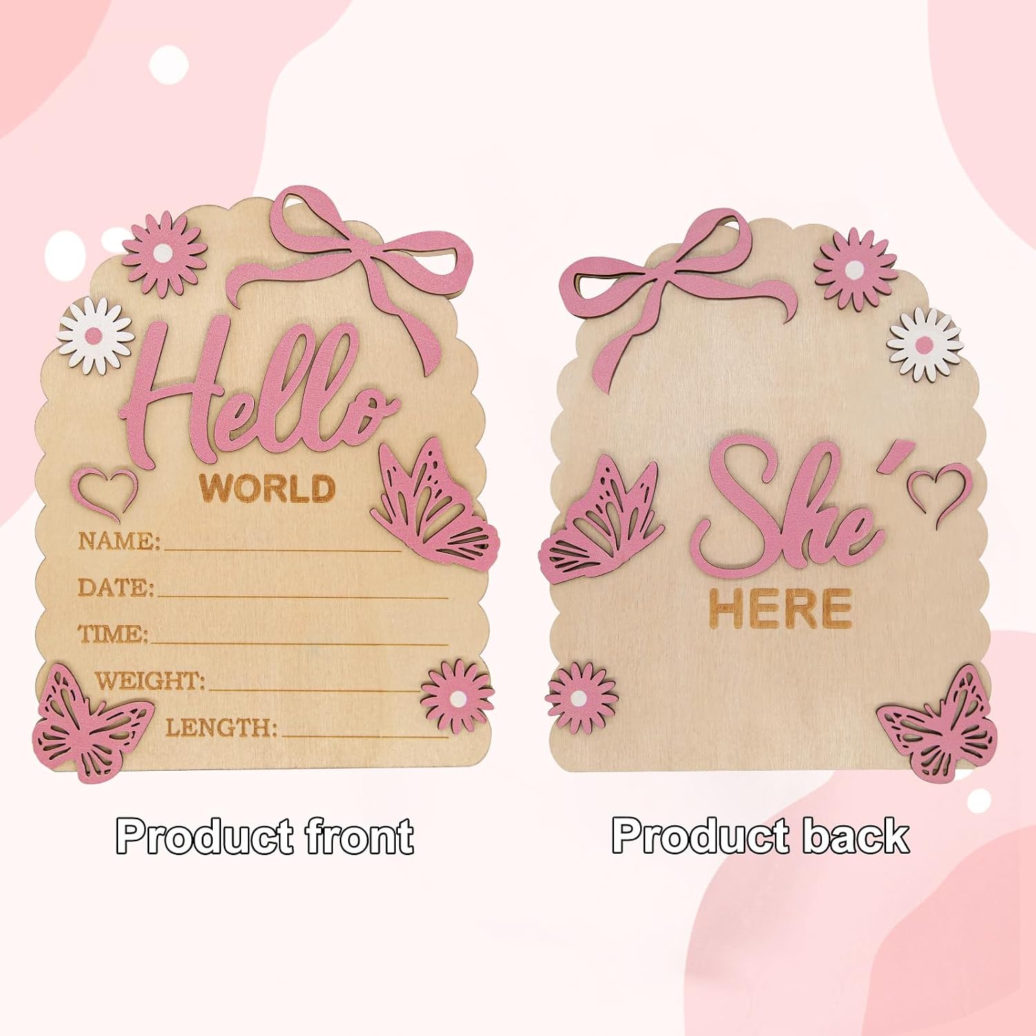 Pink Baby Birth Sign with Bow, Cute Announcement Sign for New Baby Hello World Newborn Decorations Supplies, Photography Props Double-Sided Suitable for New Mothers