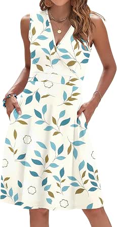 AUSELILY Women's Floral Summer Dress Sleeveless V-Neck Faux Wrap Pockets
