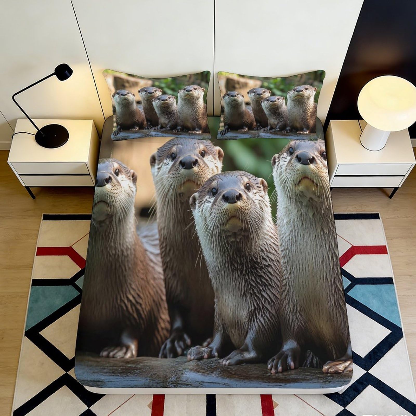 3D Printed Otter Family Fitted Sheet Microfiber Soft Breathable River Scene Bed Cover for Bedroom Guest Room Decor 90x200x25cm
